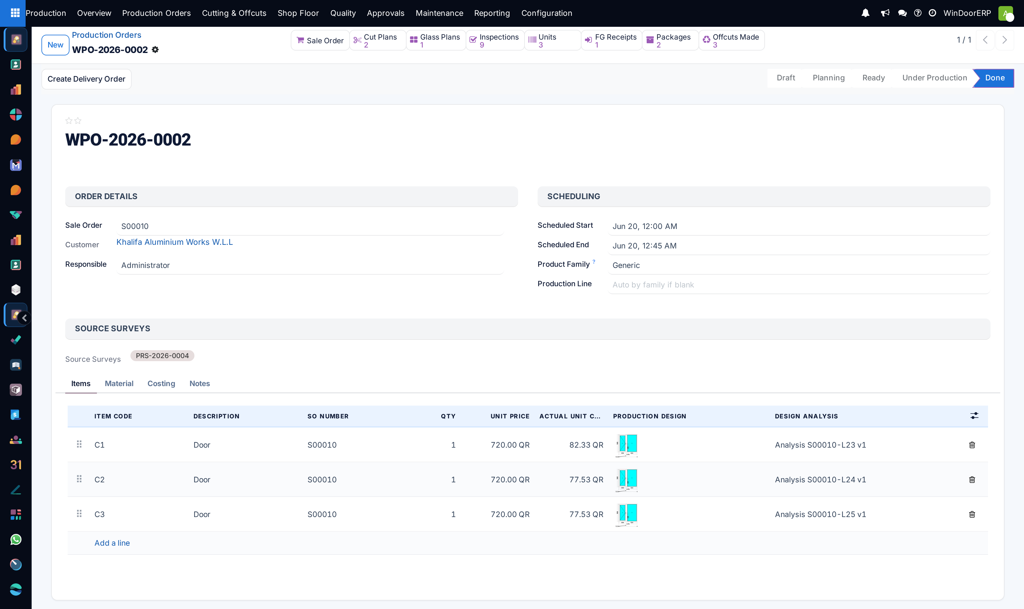 A production order form: smart buttons, order details and scheduling, source surveys, and the Items tab