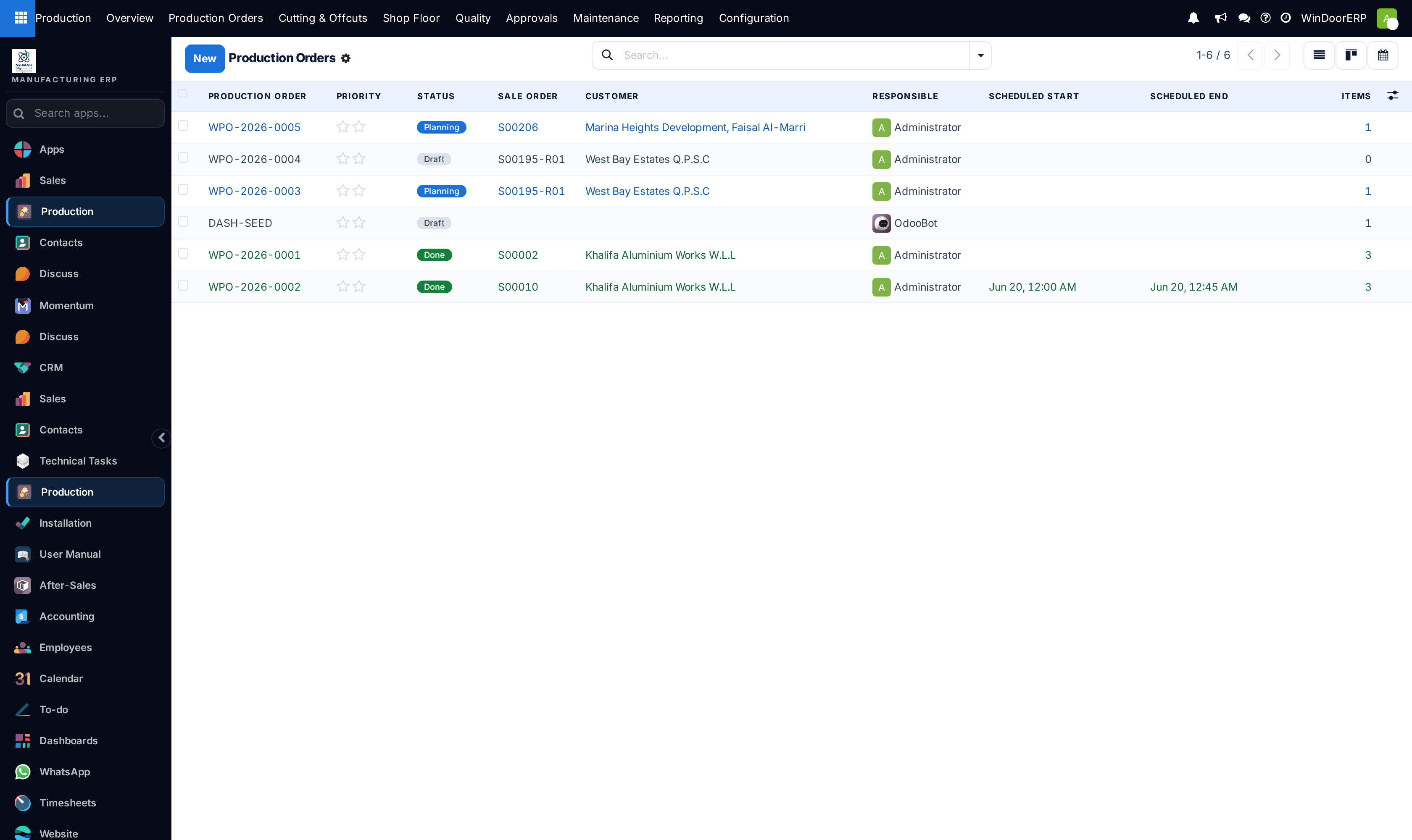 The Production Orders list with references, customers, scheduled dates and state badges
