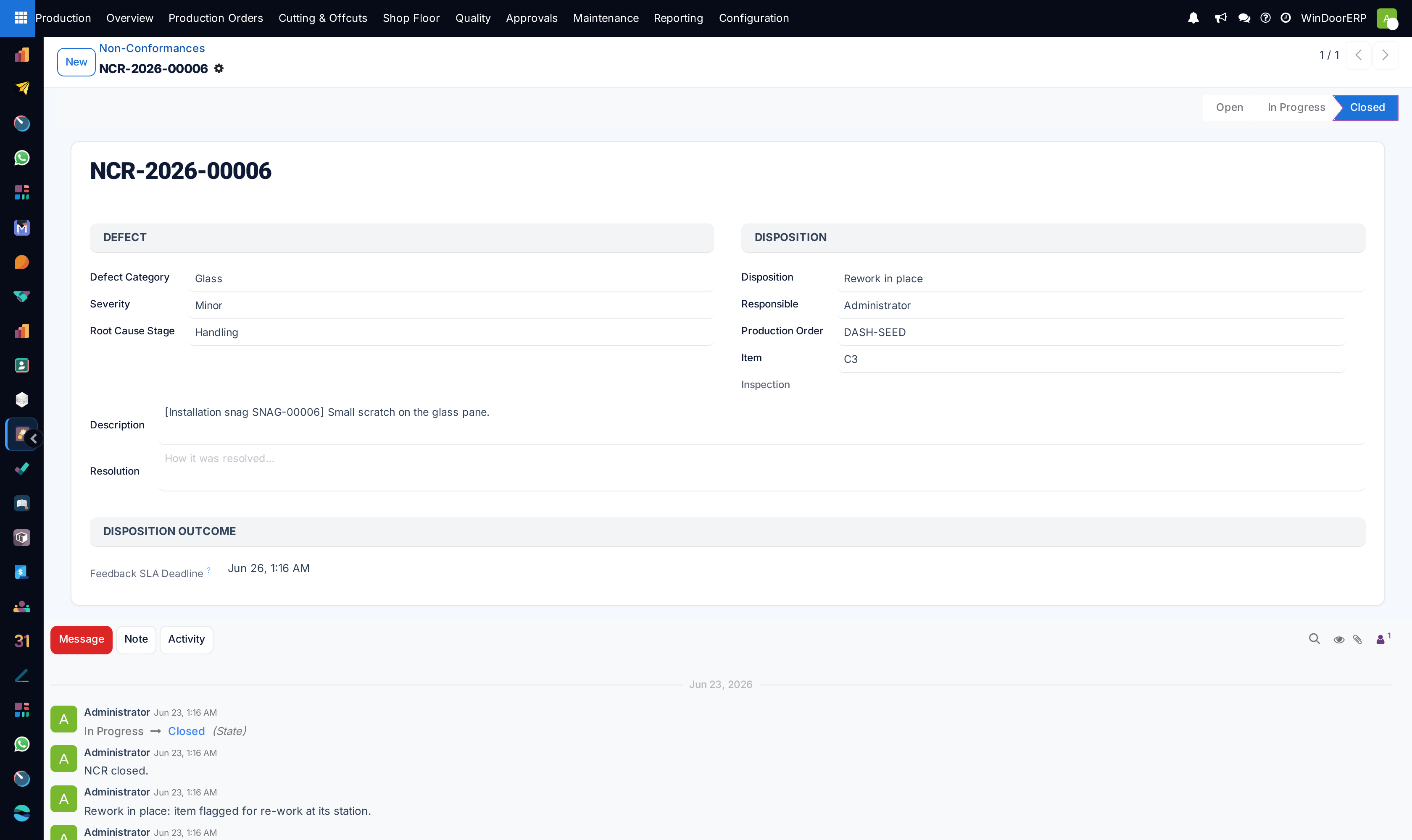 An NCR form with its classification fields, description and resolution, and the Apply Disposition and Close buttons