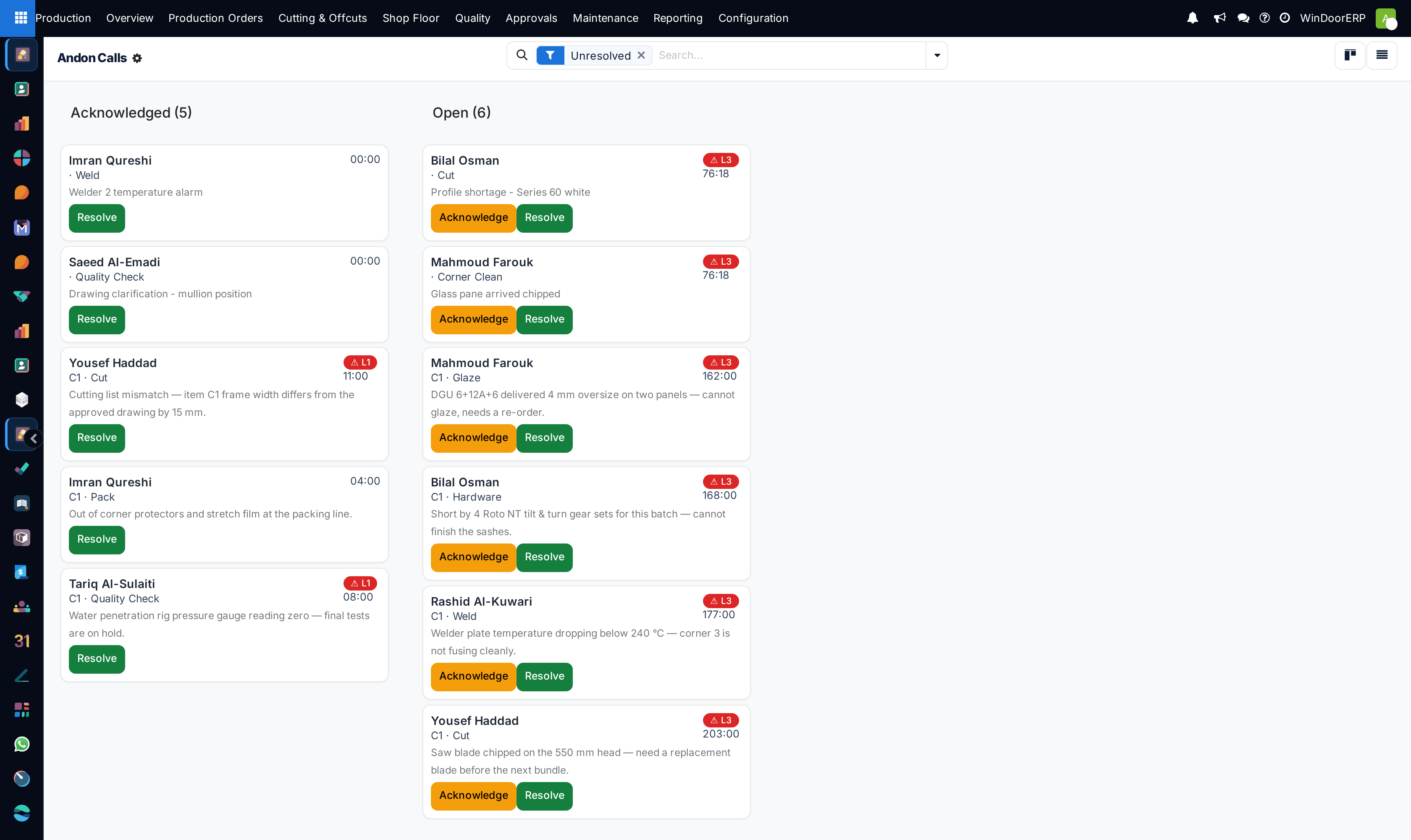 The Andon Calls kanban on its Unresolved filter, with Acknowledge and Resolve on each card