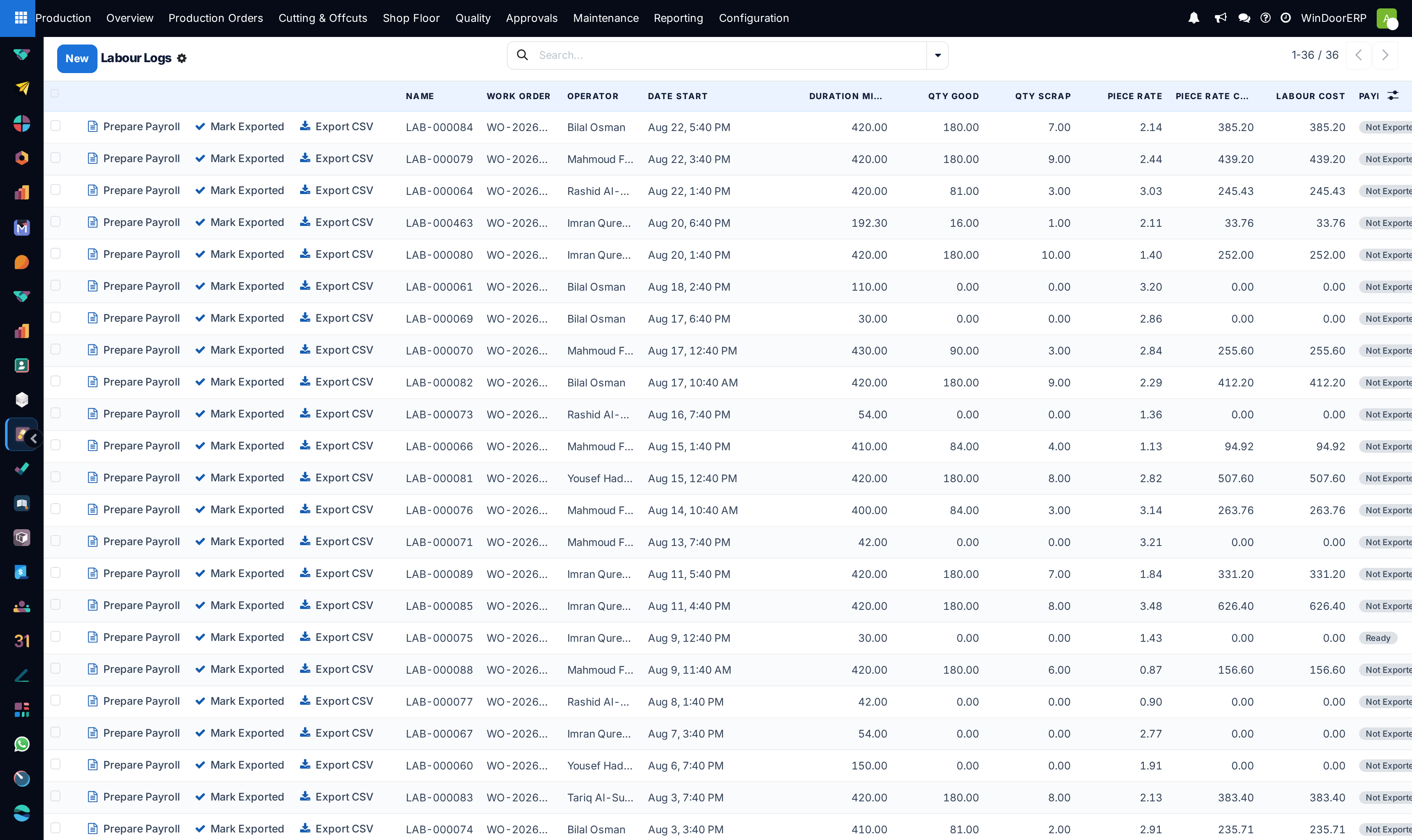 The Labour Logs list with per-log durations, good and scrap quantities, piece rate and labour cost columns, the payroll state badges and the manager's payroll buttons