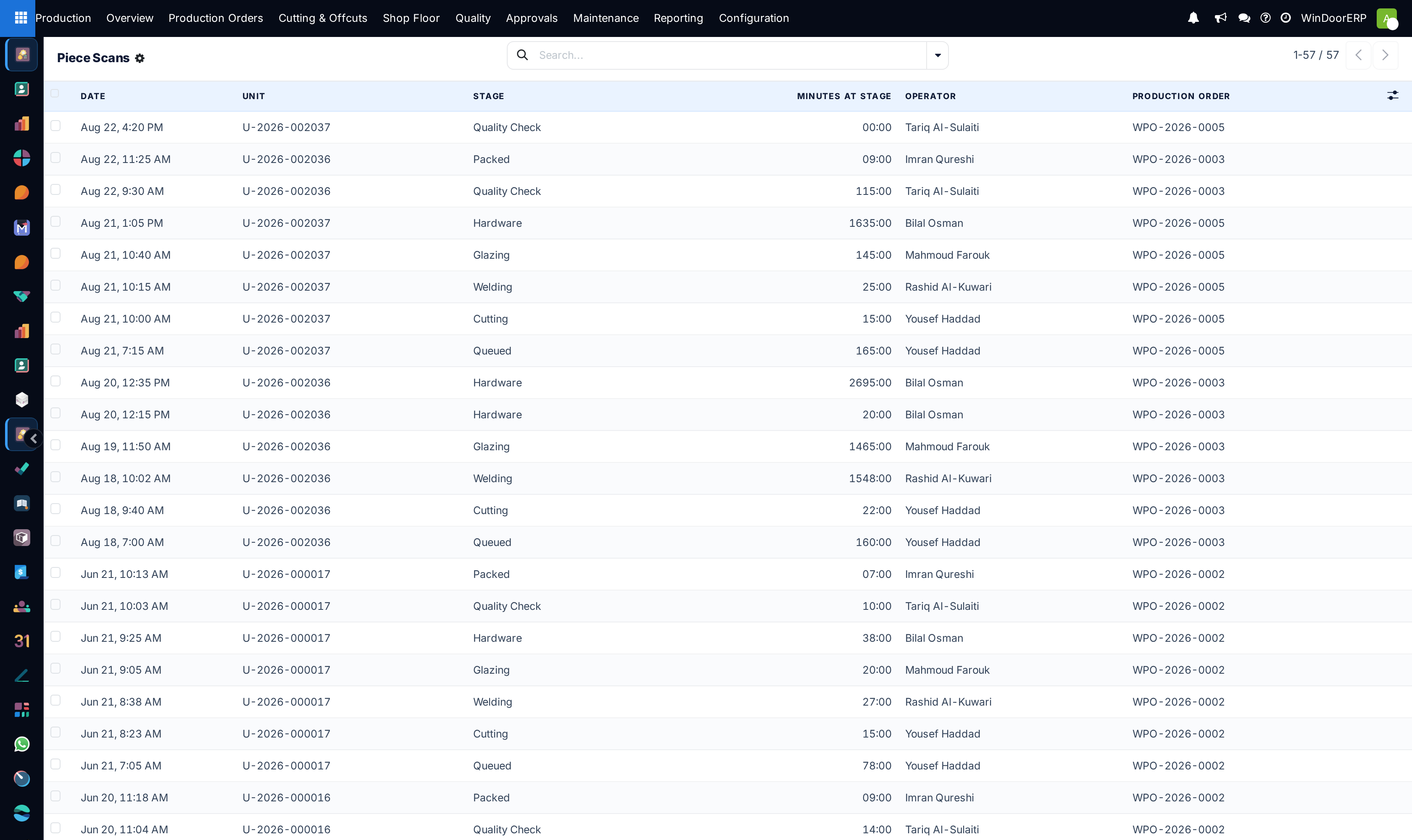The Piece Scans list: date, unit, stage, minutes, station, operator and production order