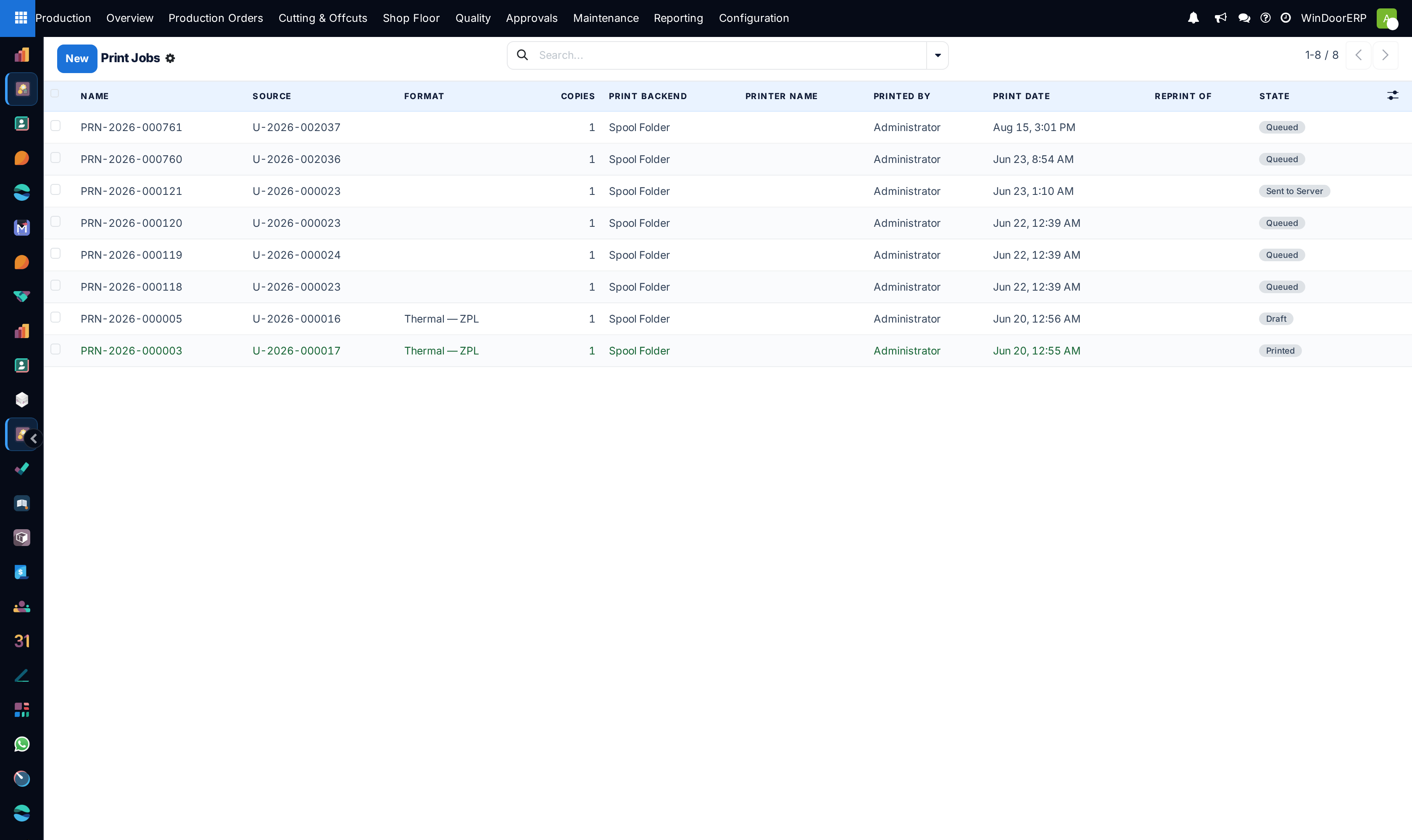 The Print Jobs queue with PRN- references, source units, format, backend, state badges — including auto-created queued jobs that carry no format yet