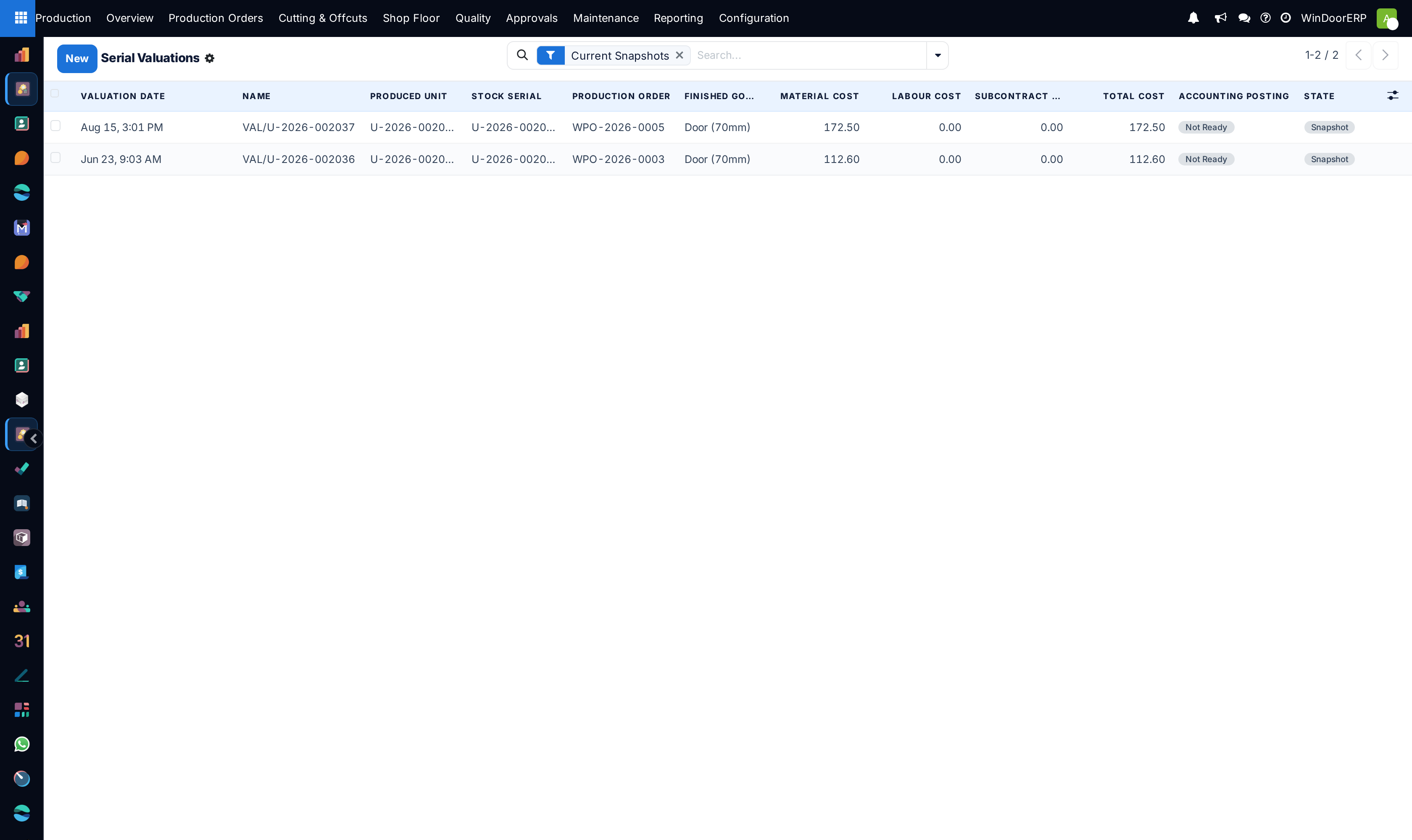 Serial Valuations — one job-cost snapshot per finished serial, with the material, labour, subcontract and total cost columns