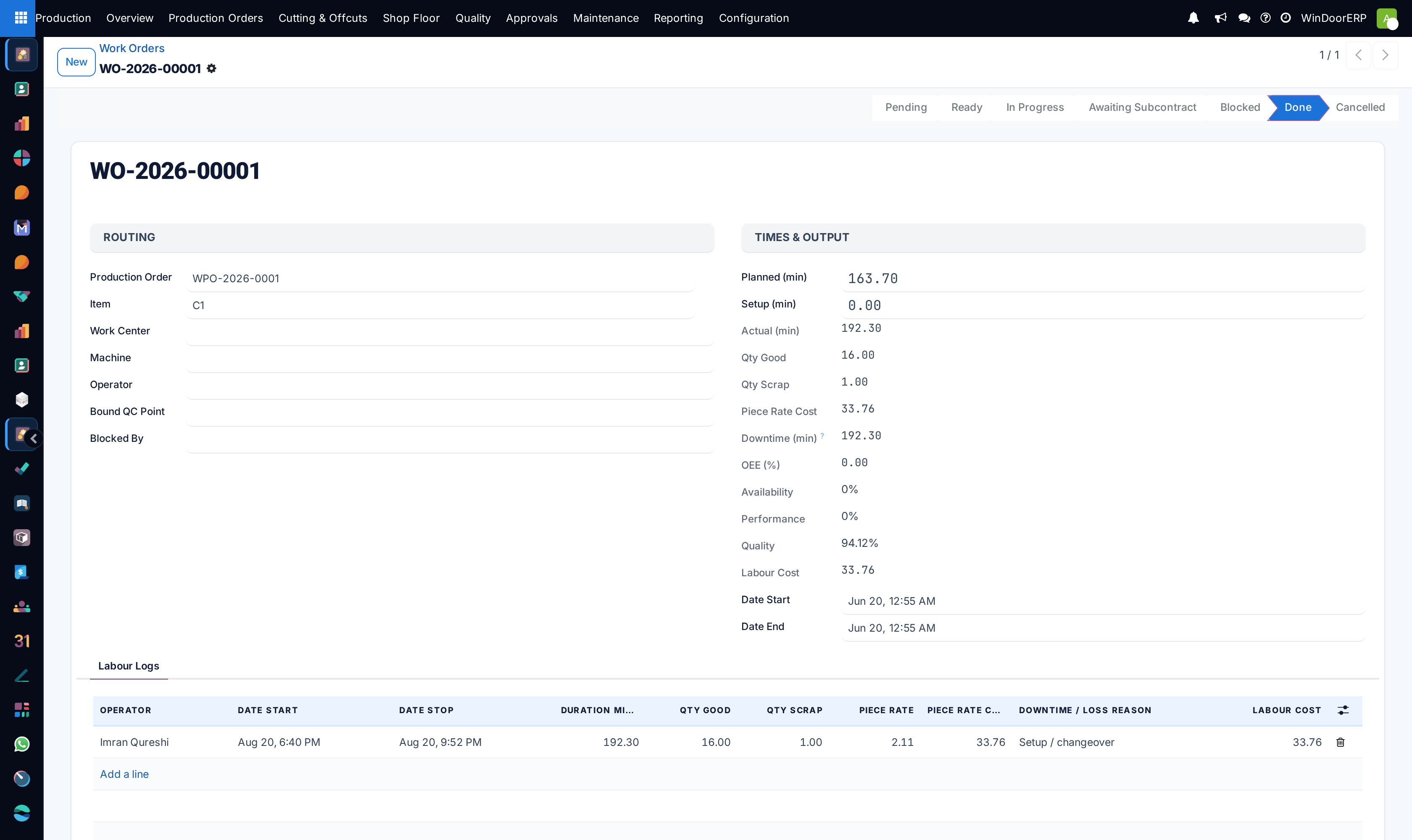 A work order form: routing header, planned and actual minutes, OEE figures and the labour logs tab