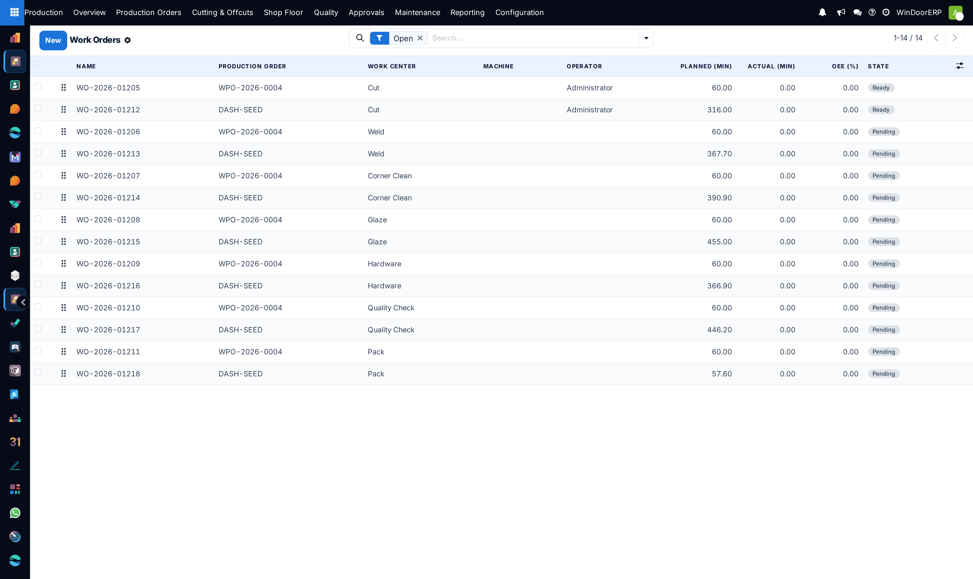 The Work Orders list filtered to Open, with work centre, machine, state badges and OEE