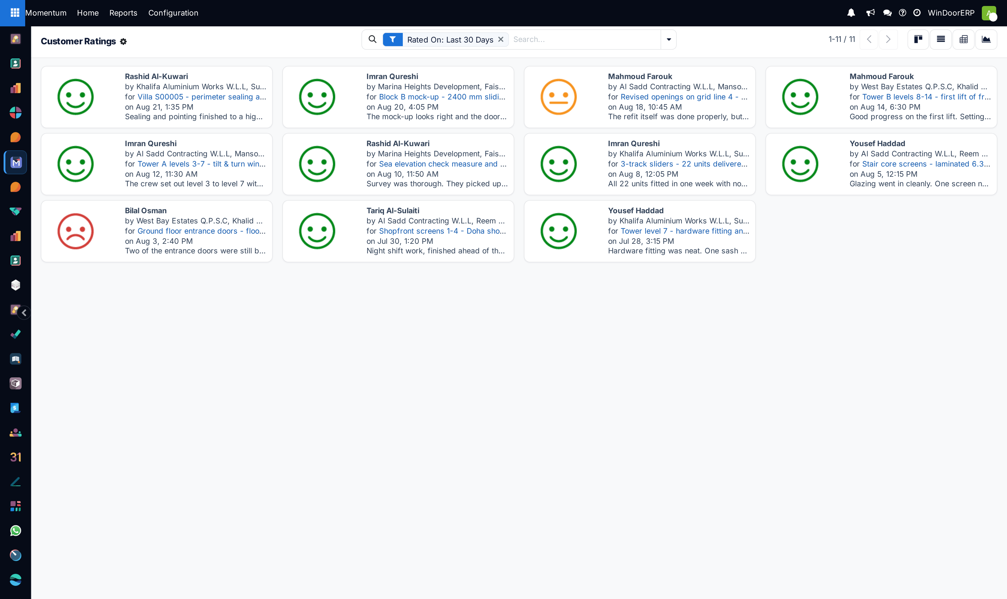Customer Ratings smiley cards — who rated, for which task, when, with the feedback text, over the last 30 days