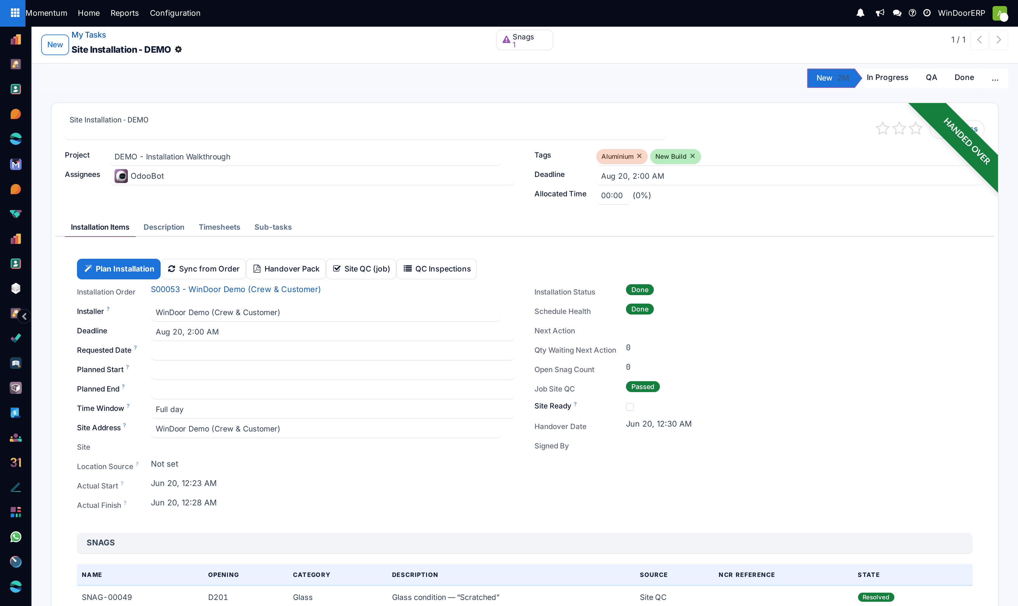 A task form with stage and personal stage in the header, assignees, tags, deadline and allocated time, and the Description, Timesheets and Sub-tasks tabs