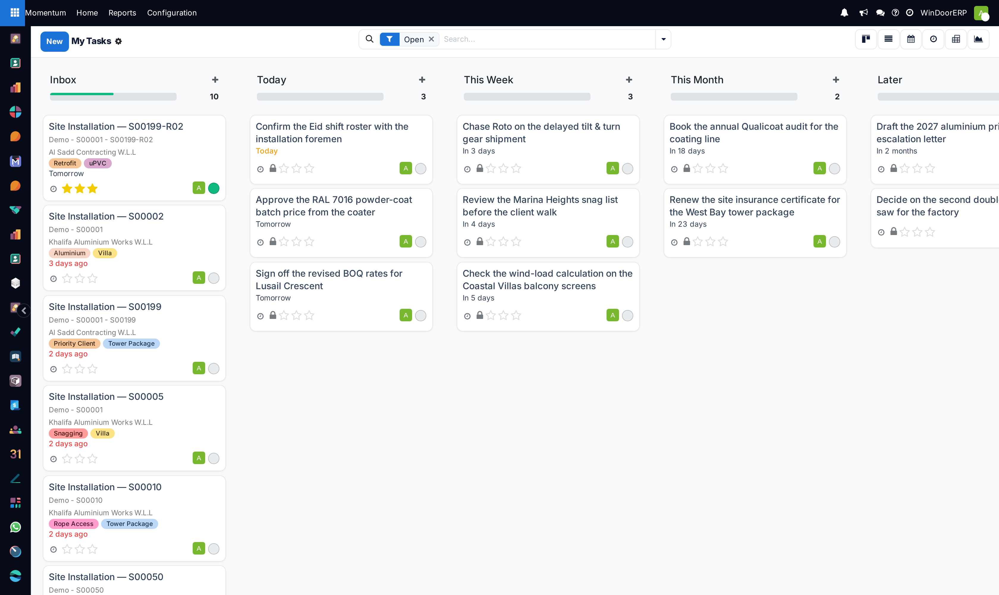 My Tasks as a kanban grouped by personal stage — Inbox, Today, This Week, This Month, Later