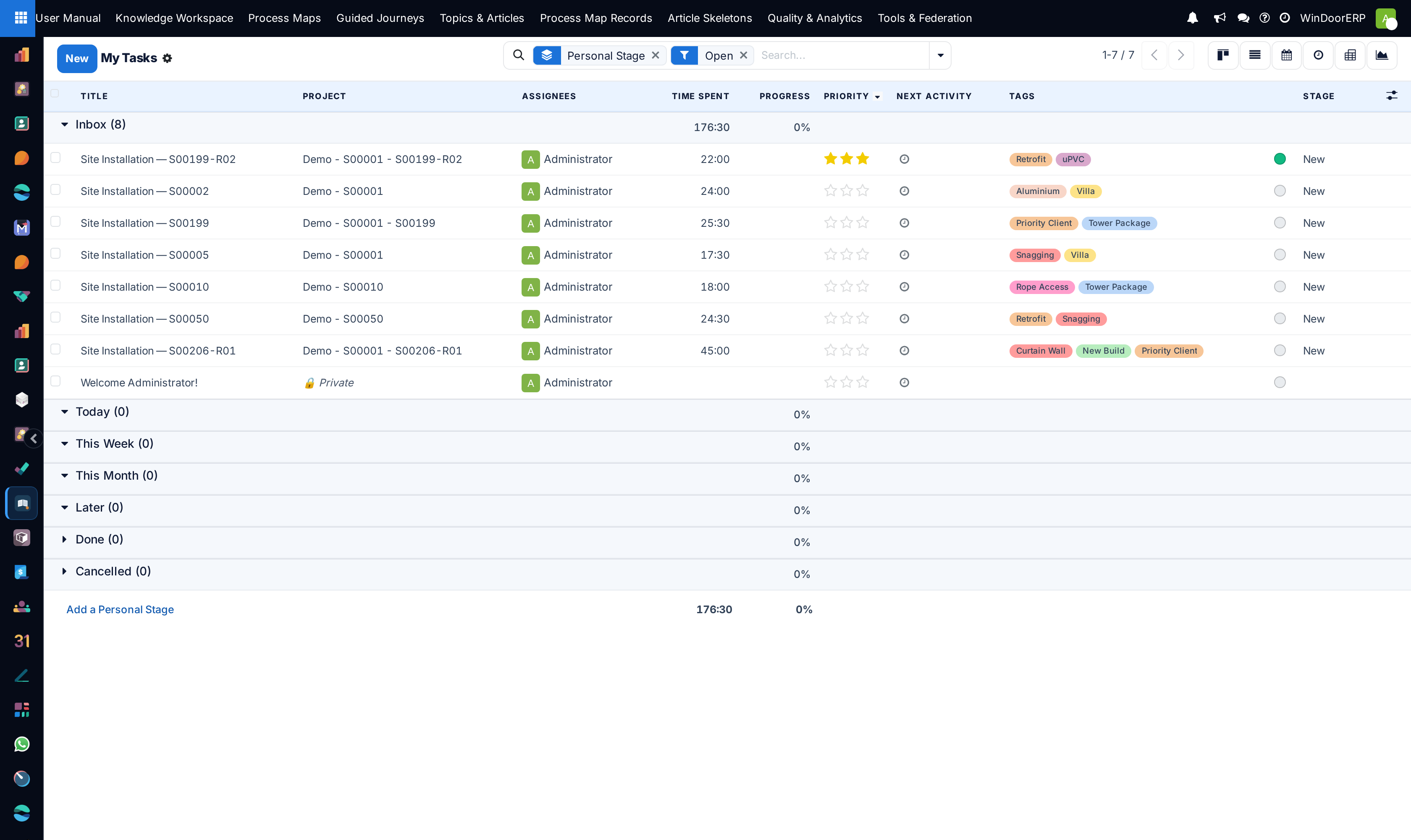 The My Tasks list with title, project, assignees, time spent, progress, priority and stage columns