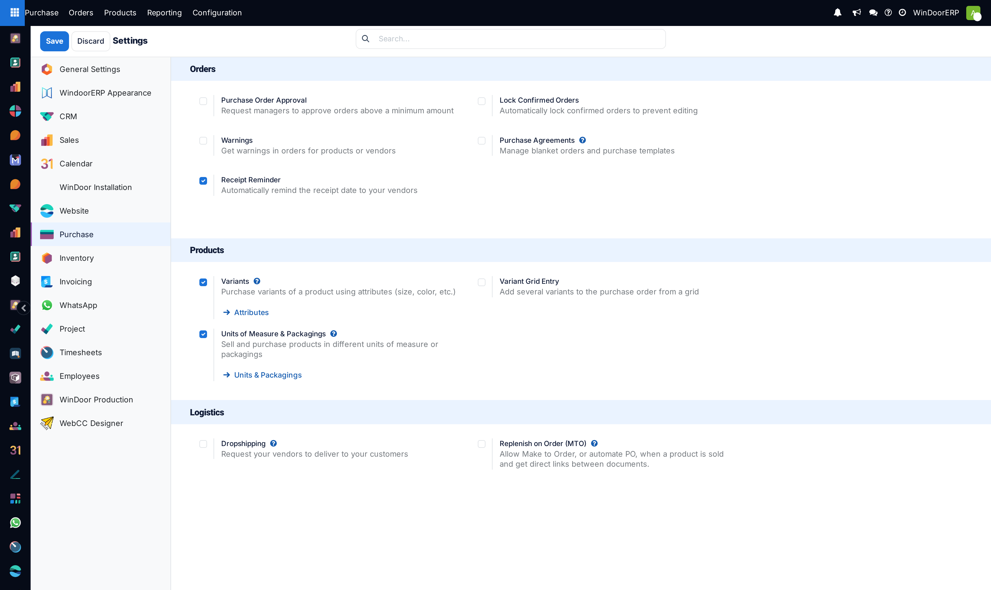 The Purchase settings: order approval, lock confirmed orders, warnings, purchase agreements, receipt reminder, variants and units