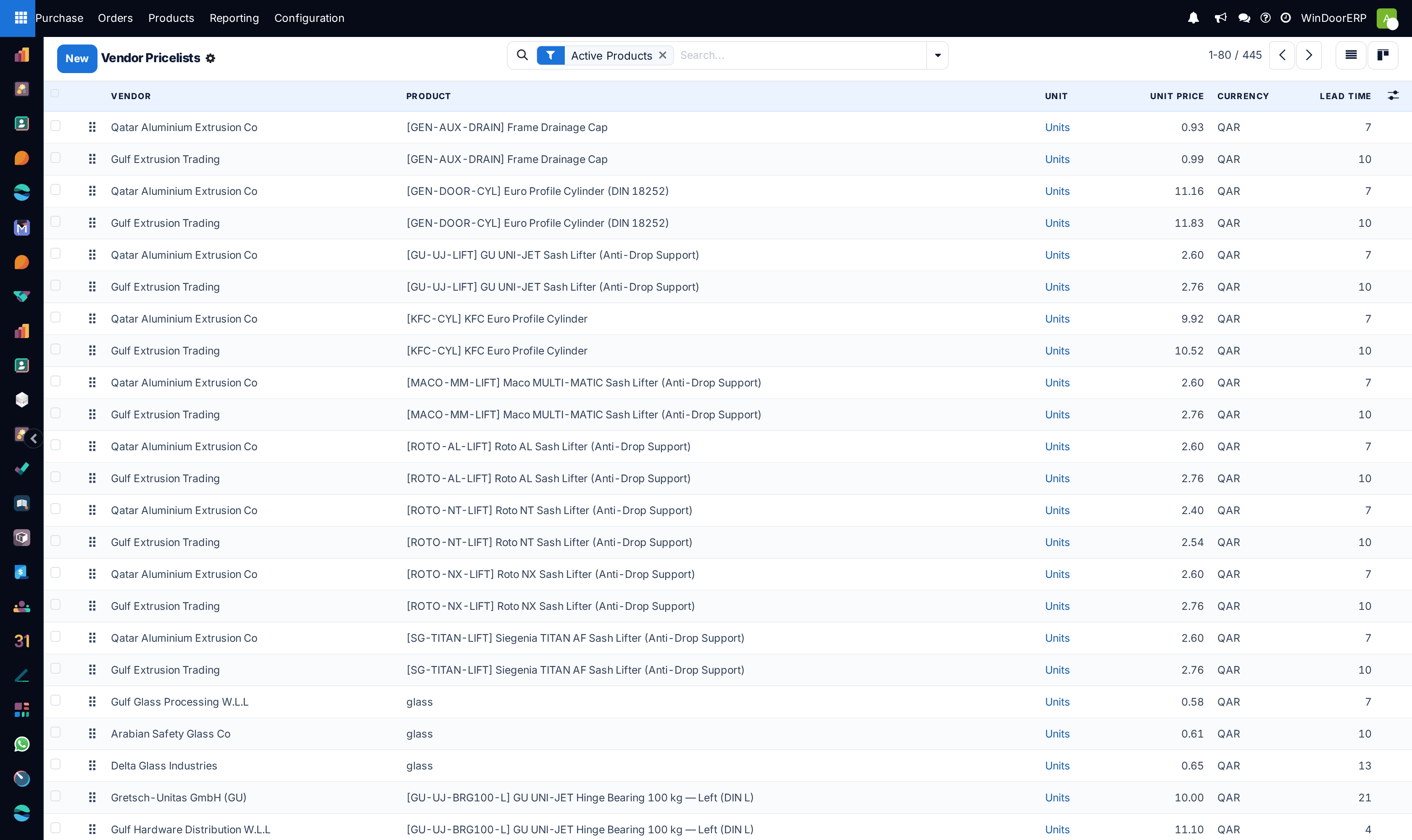 The vendor pricelists list: vendor, product, unit, unit price, currency and lead time per row