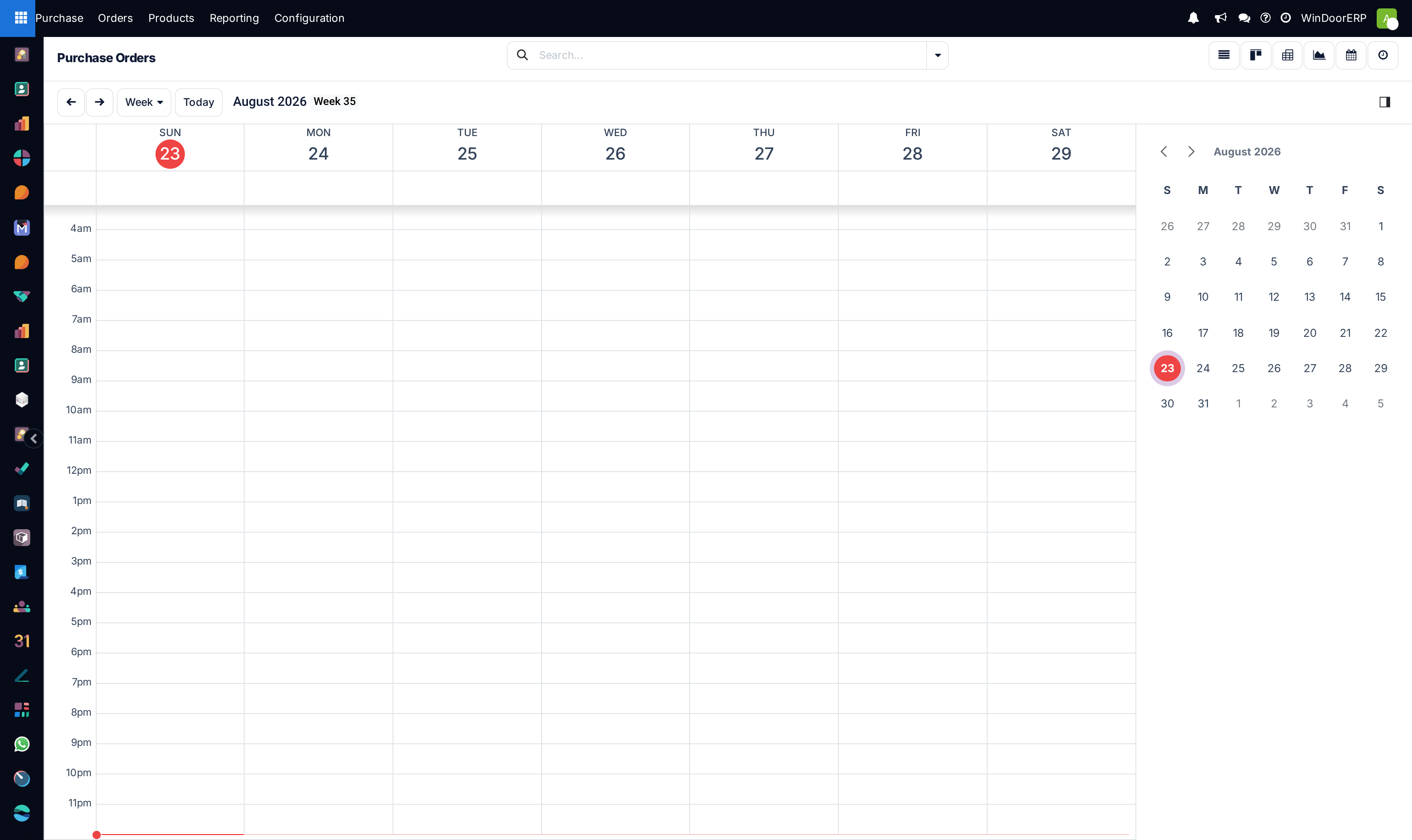 Confirmed purchase orders on a calendar, placed by approval date and coloured per vendor