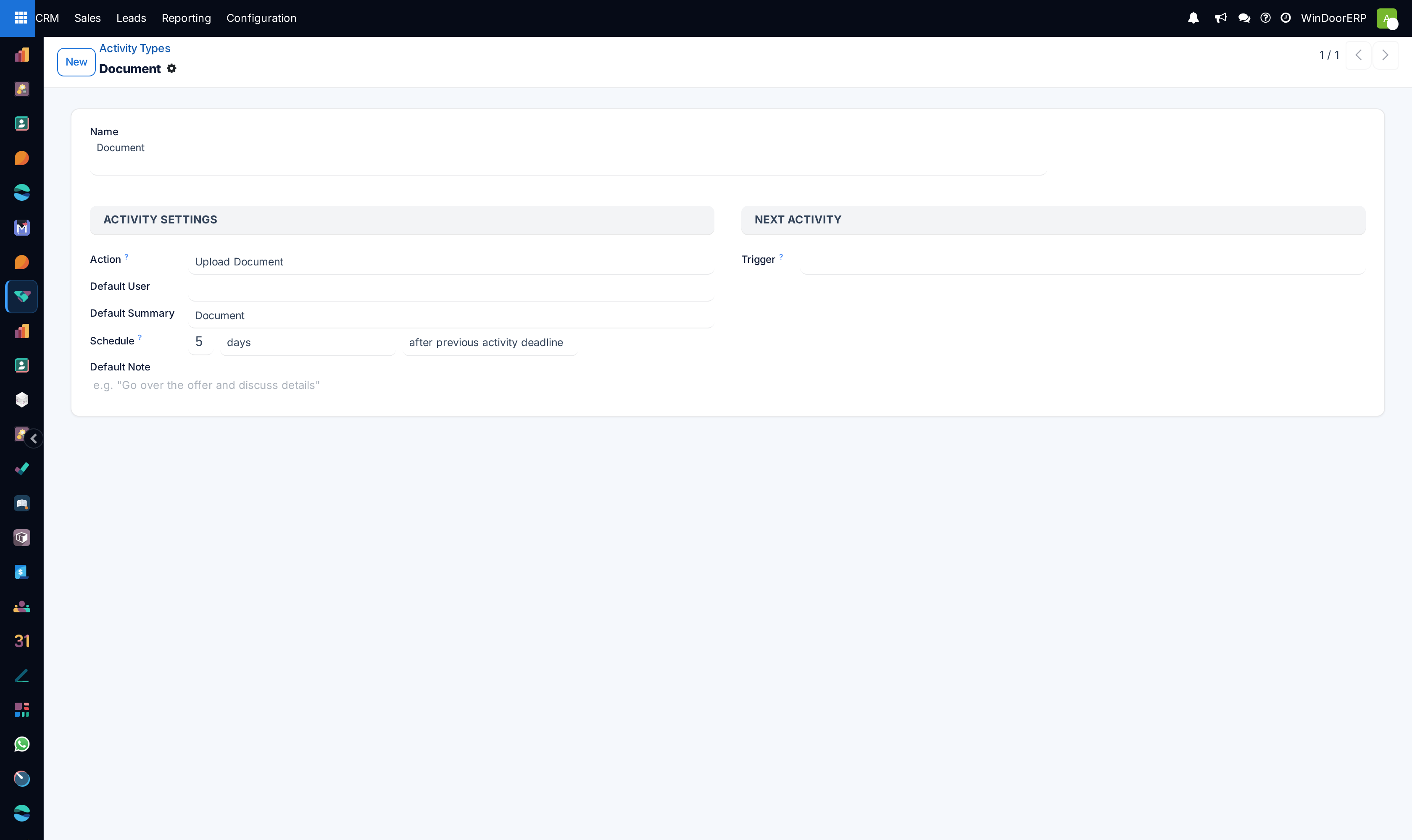 An activity type form with its Activity Settings group on the left, Next Activity on the right, and the Default Note editor below