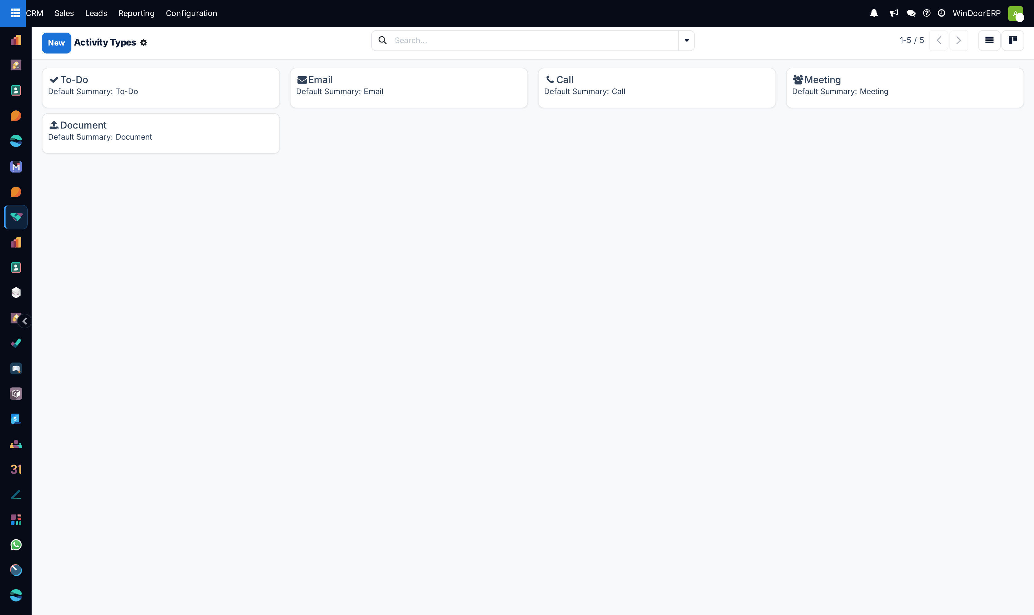 The same activity types as kanban cards, each showing its icon, its default summary and its default user
