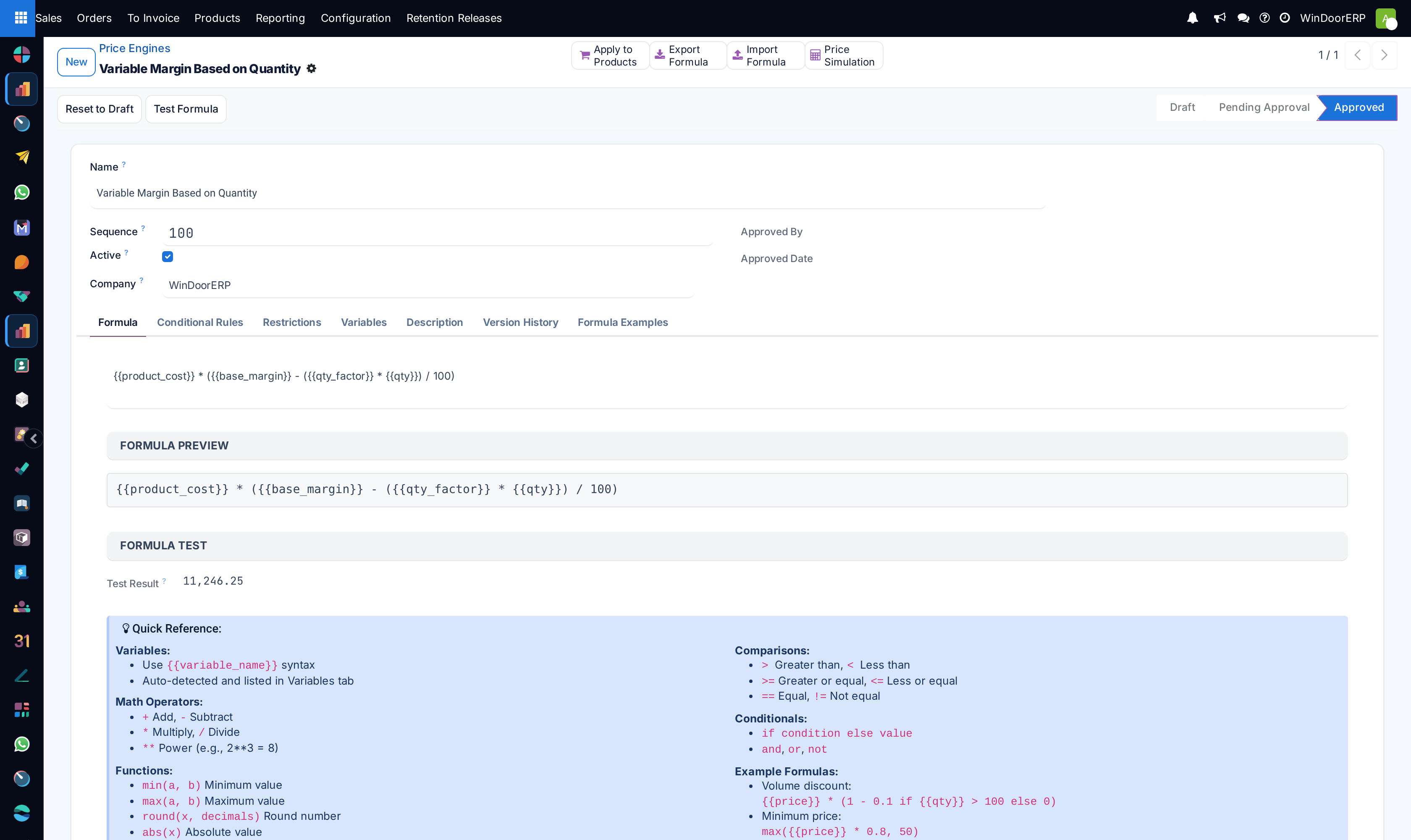 Price engine form: header buttons, formula body, preview, test result and the quick reference panel