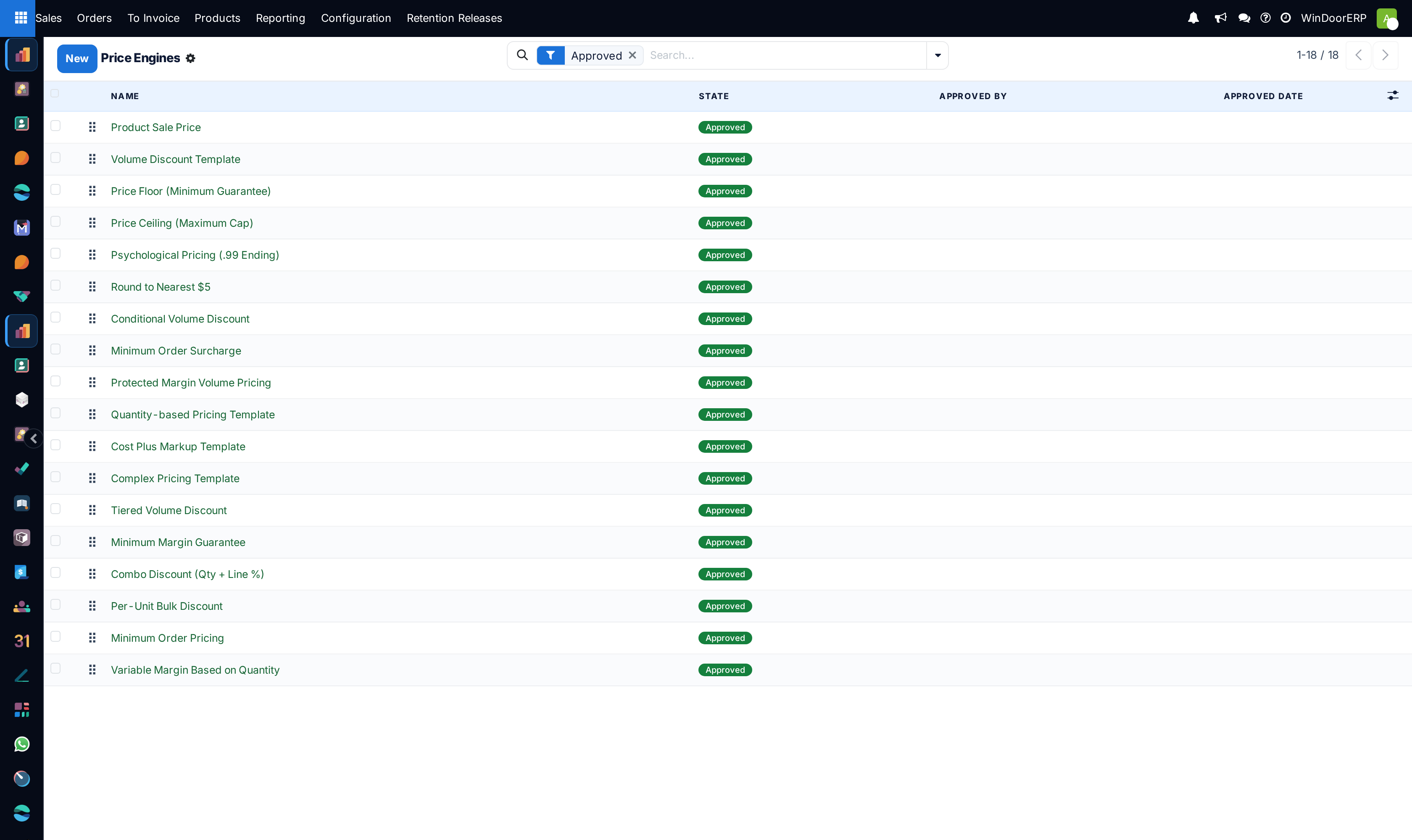 Price Engines list with state, approver and approval date