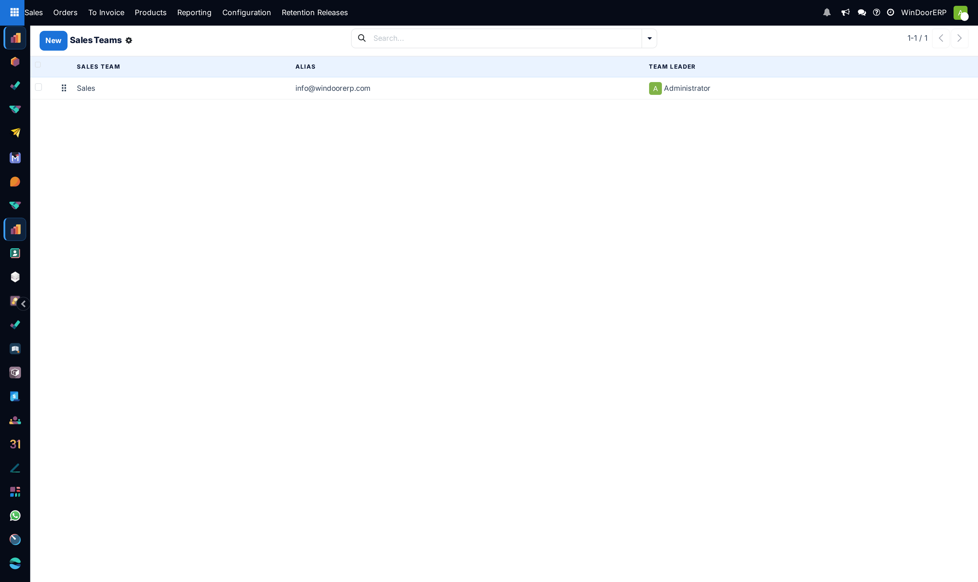 Sales, Configuration, Sales Teams: a list with one row per team showing the Sales Team name, the Alias and the Team Leader, with a New button above it