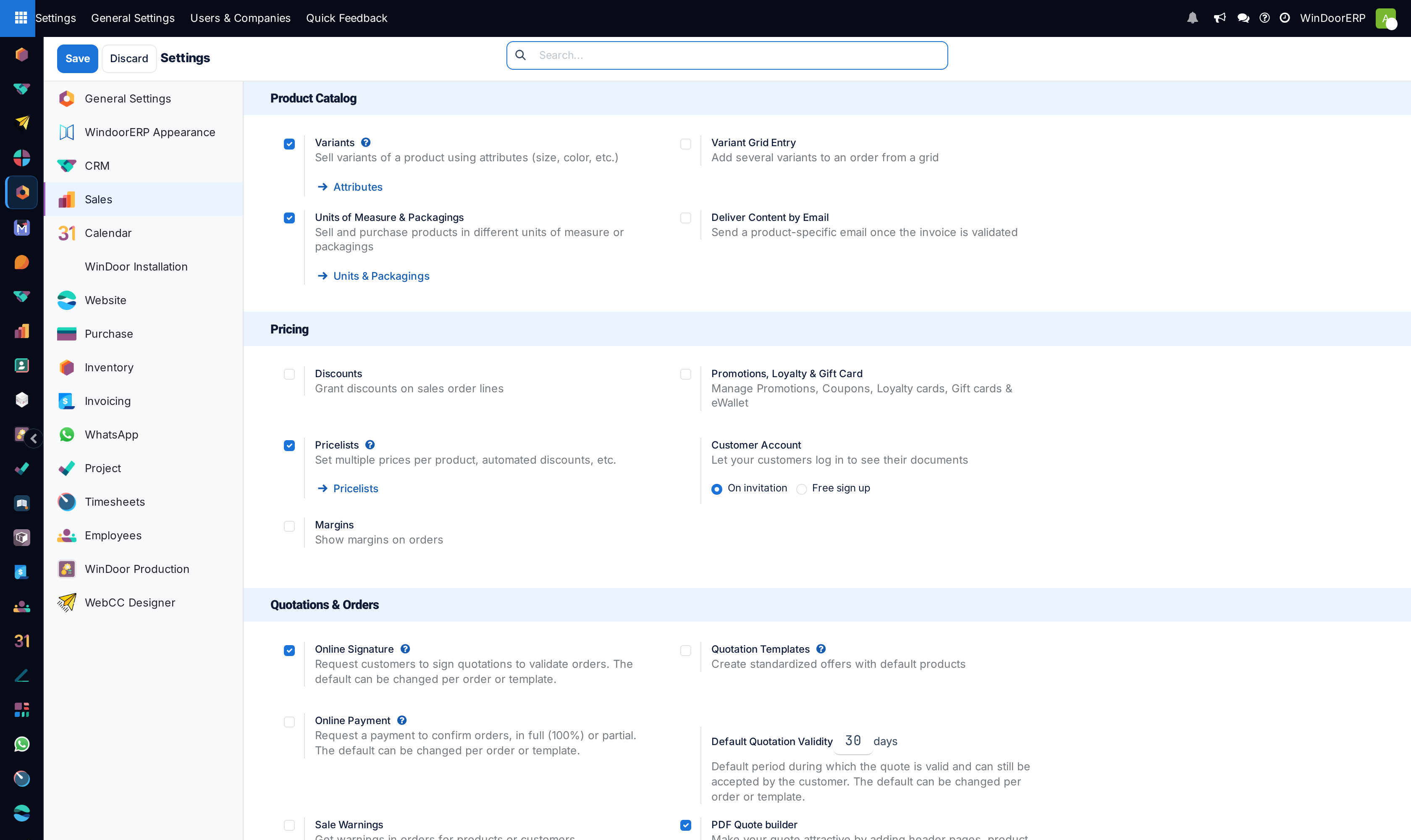 The Sales settings page with its feature toggles and defaults