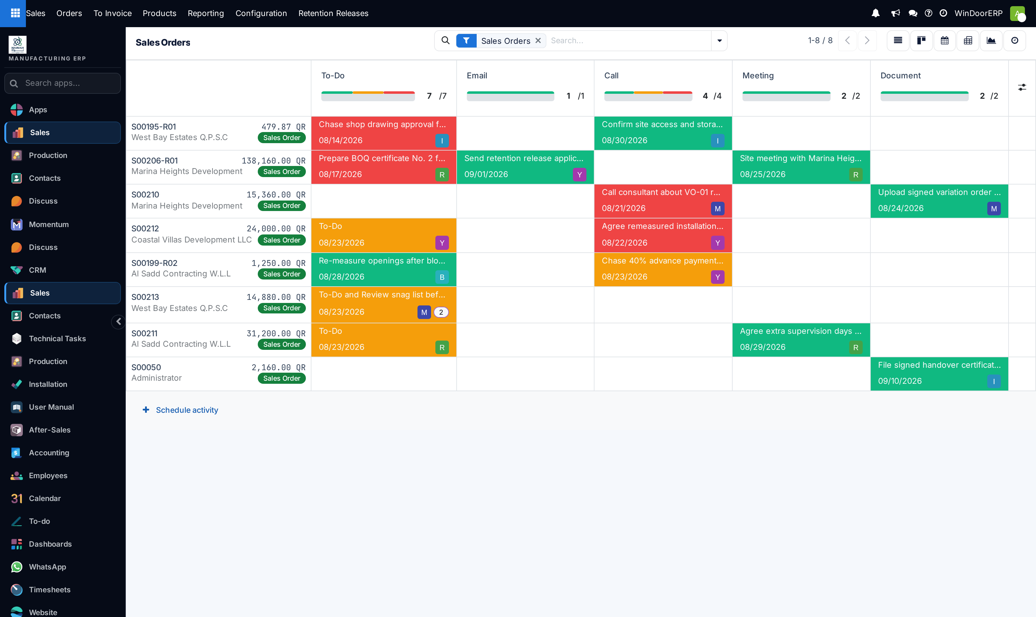 The Sales Orders activity view: orders down the left, activity types across the top, and colour-coded deadline cells
