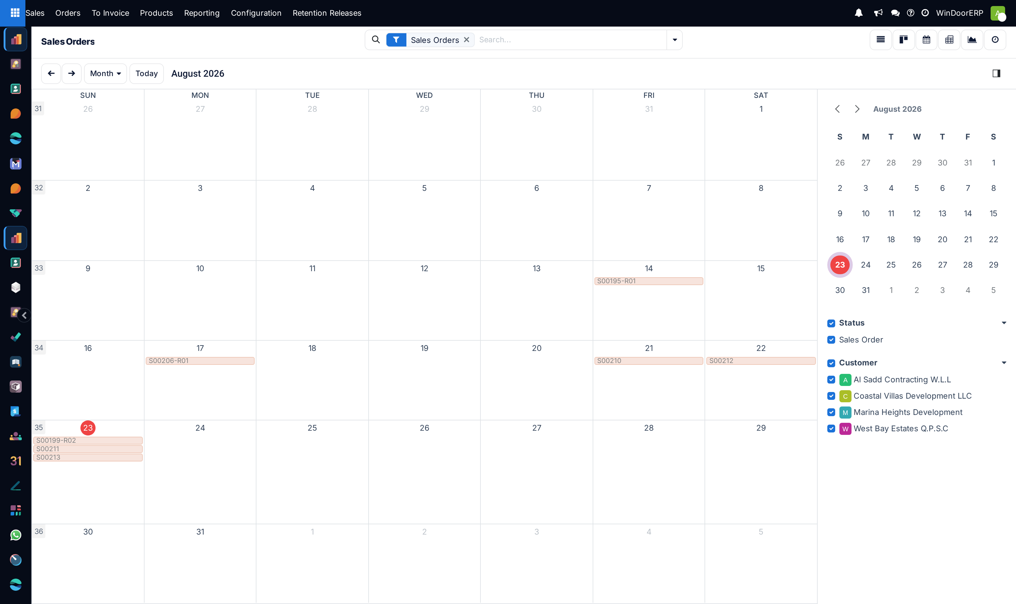 The Sales Orders calendar in month mode with order numbers placed on dates and a side panel filtering by Status and Customer