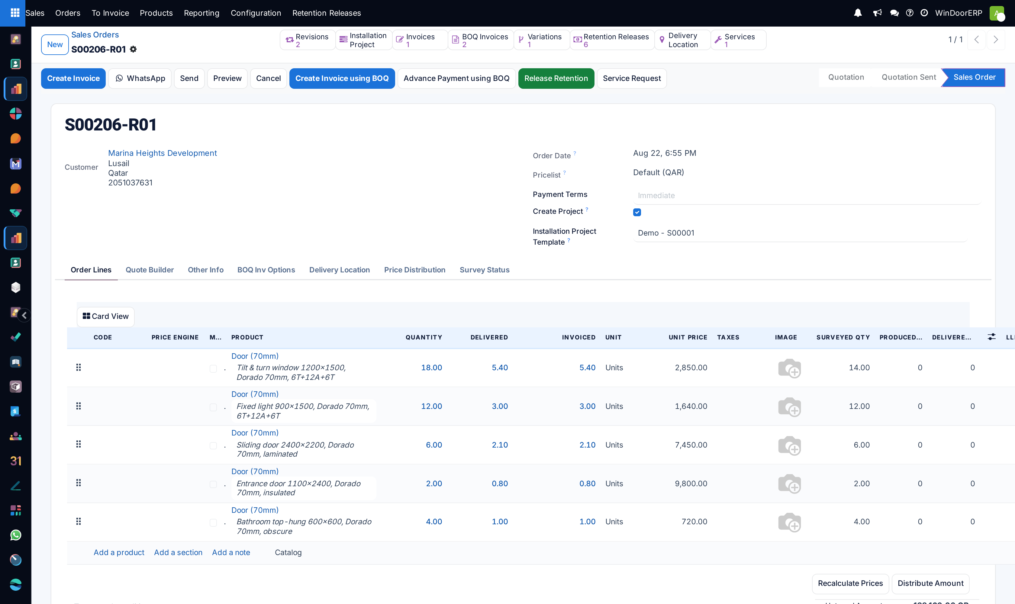 A confirmed sales order form showing its smart buttons, header buttons, header fields and the Order Lines tab with Delivered and Invoiced columns