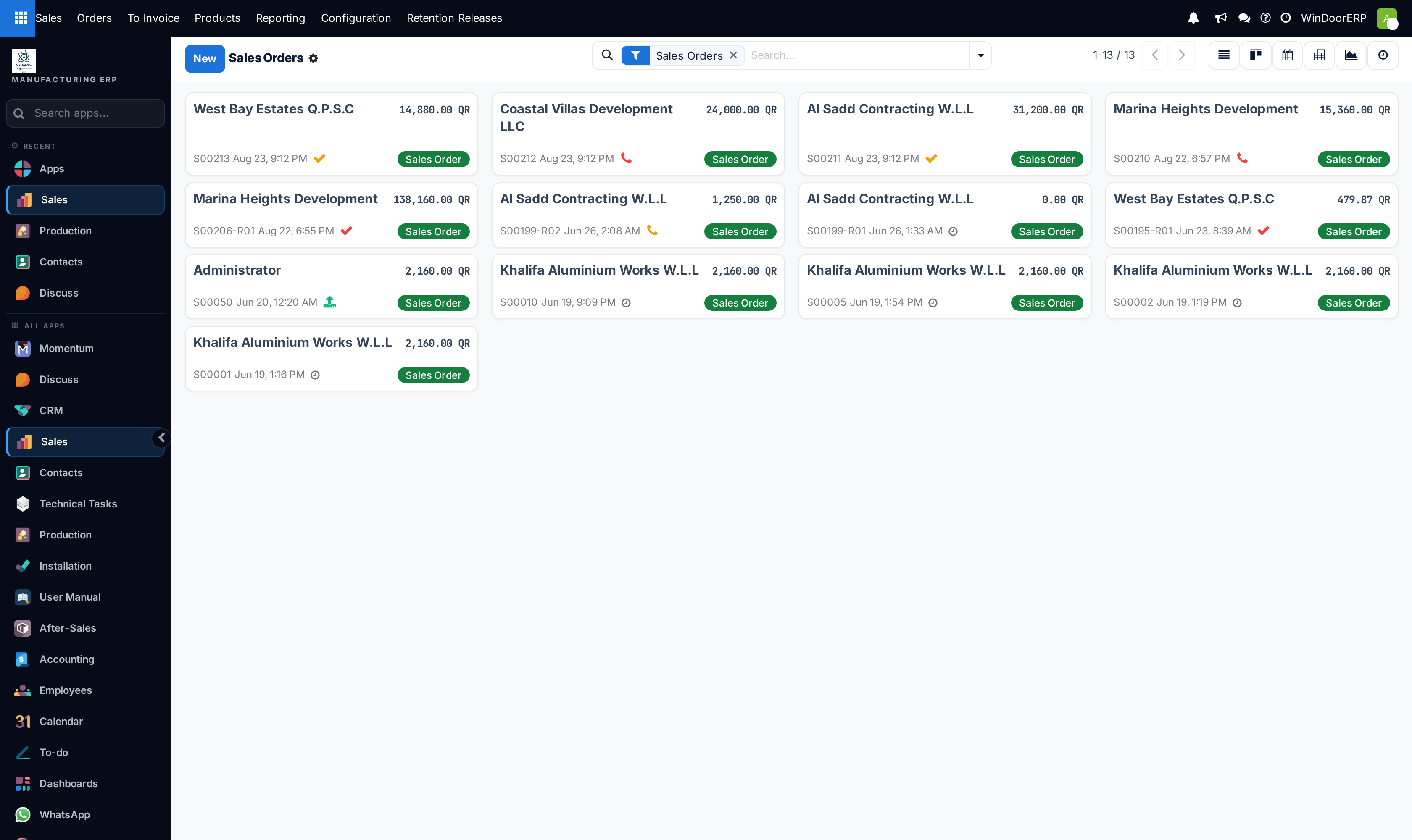 The Sales Orders kanban, one card per order showing customer, total, number, order date and a green Sales Order label