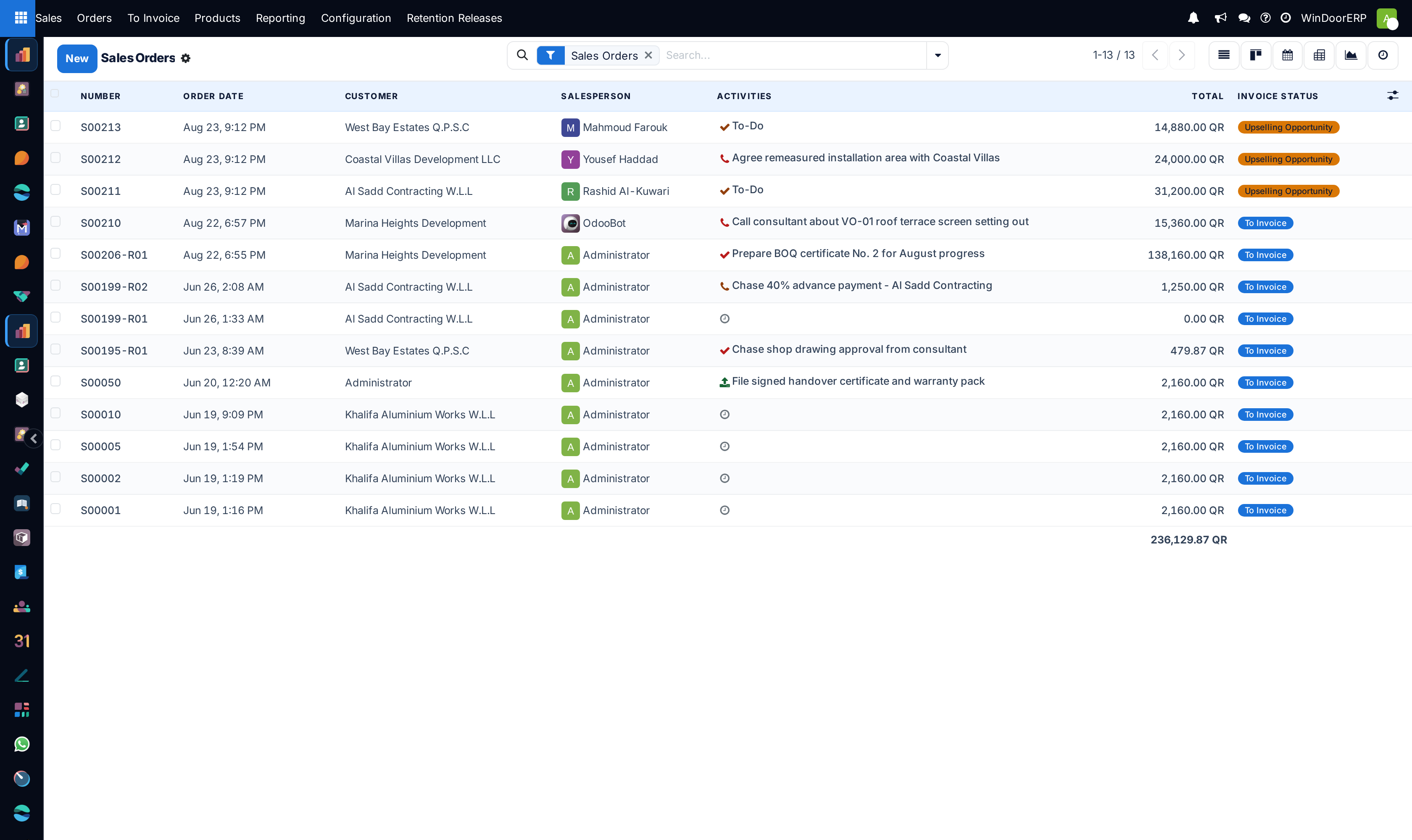 The Sales Orders list with the Sales Orders filter chip active, showing Number, Order Date, Customer, Salesperson, Activities, Total and Invoice Status