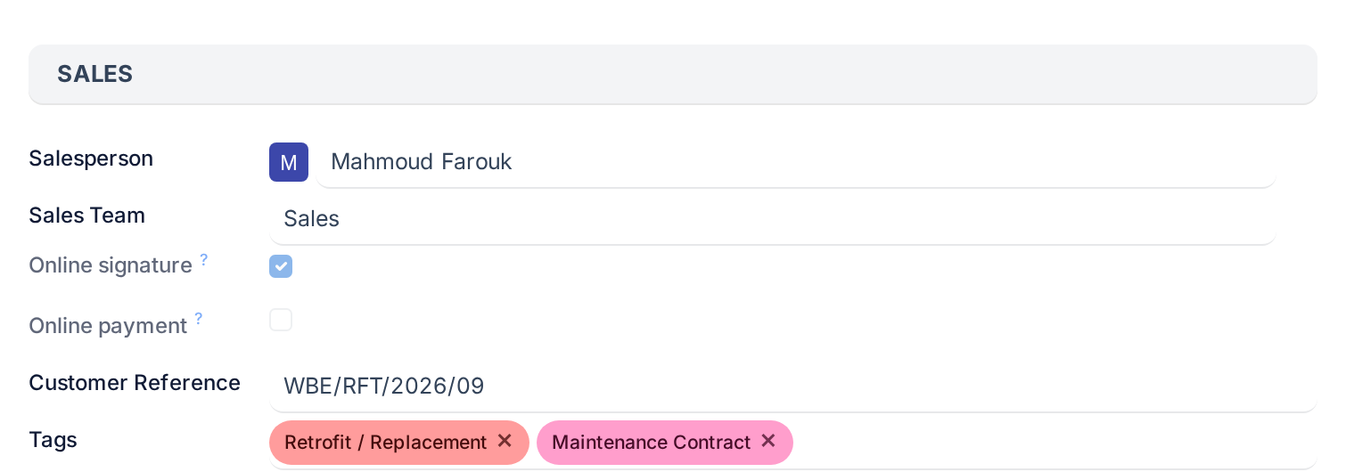 The Sales group on a sales order's Other Info tab, showing Salesperson above Sales Team, then Online signature, Online payment, Customer Reference and Tags