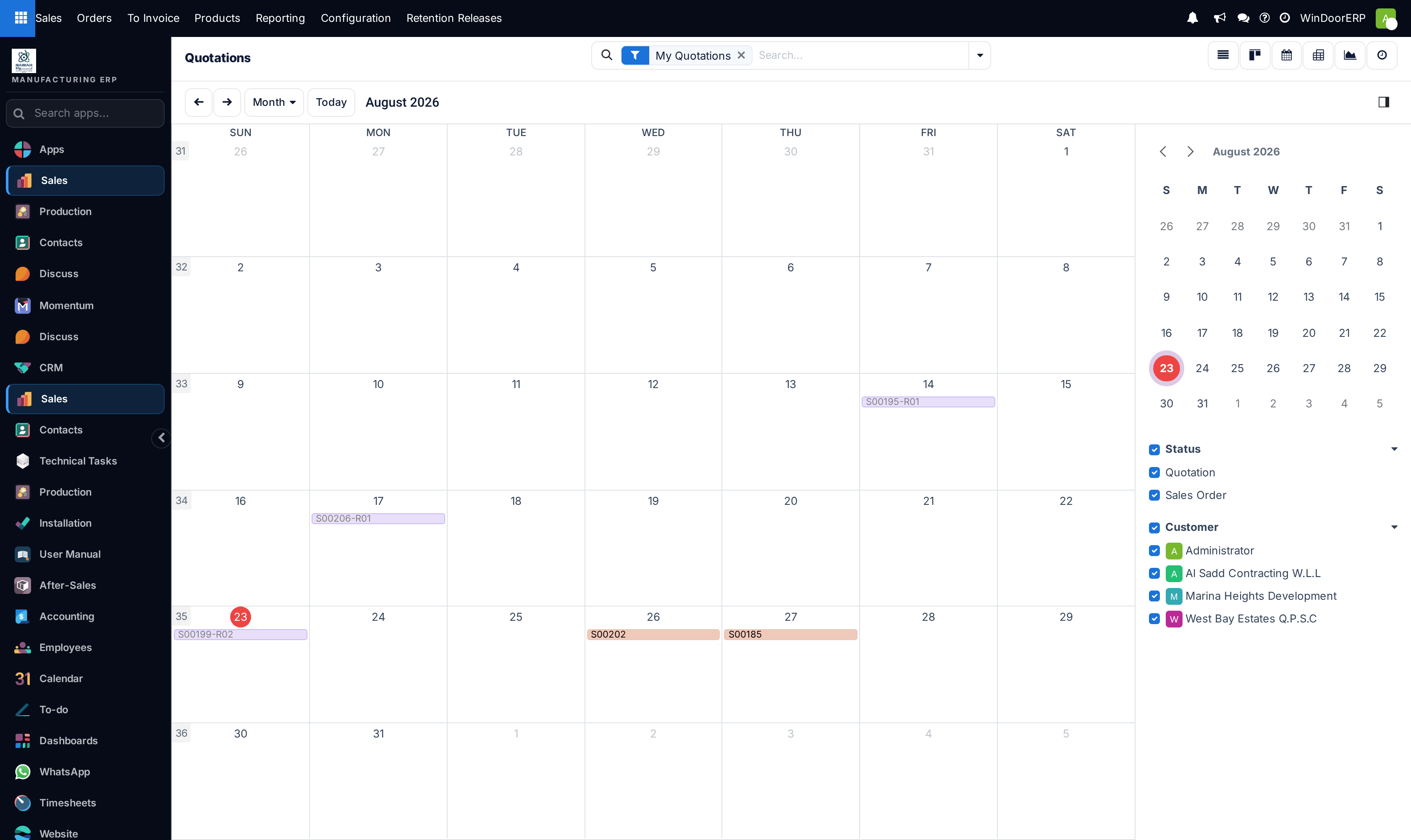 The Quotations calendar in month mode, with order references placed on their next activity deadline and a side panel filtering by Status and Customer