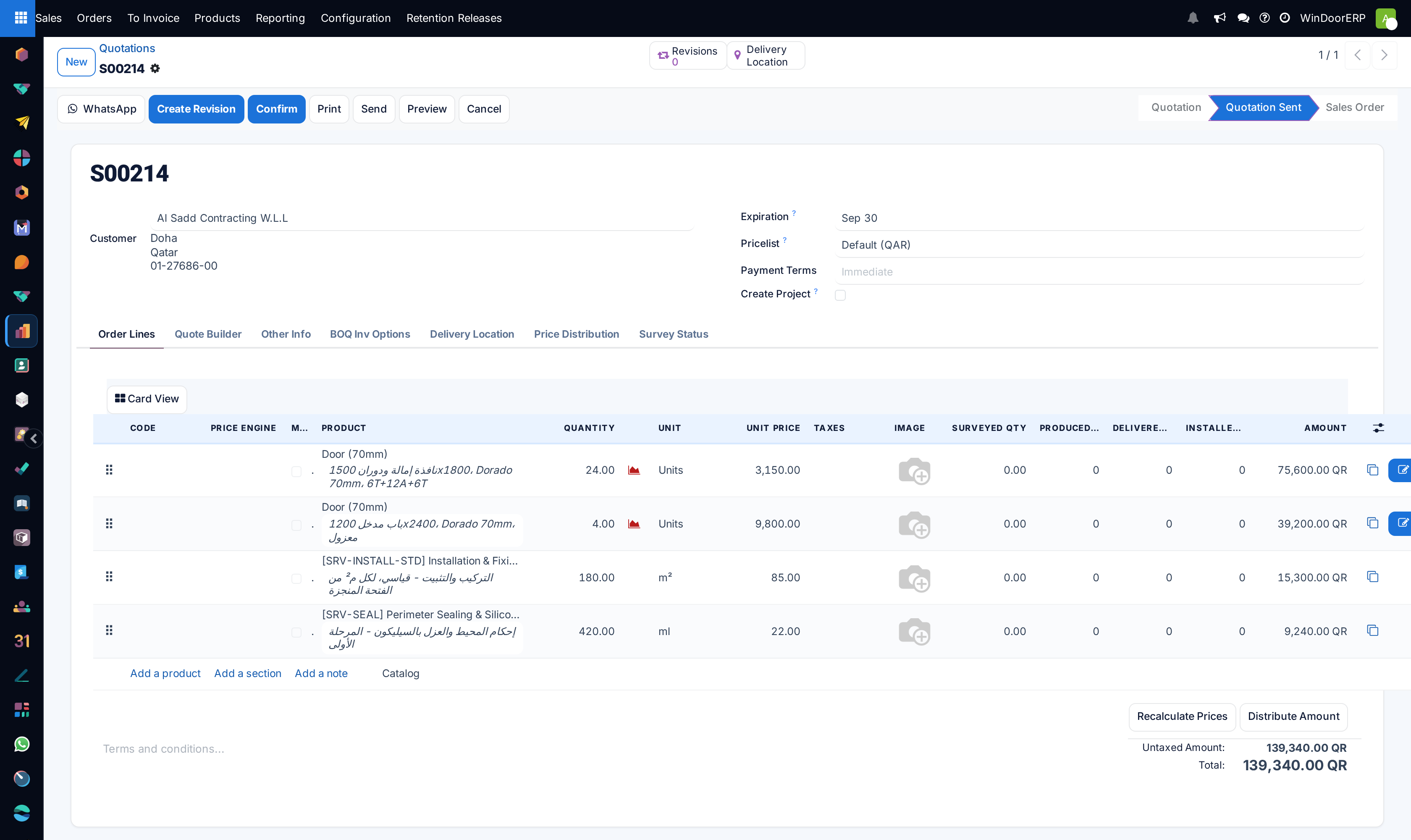 A quotation already marked Quotation Sent, with Create Revision, Confirm, Print, Send, Preview and Cancel in its header beside the Quotation / Quotation Sent / Sales Order status bar