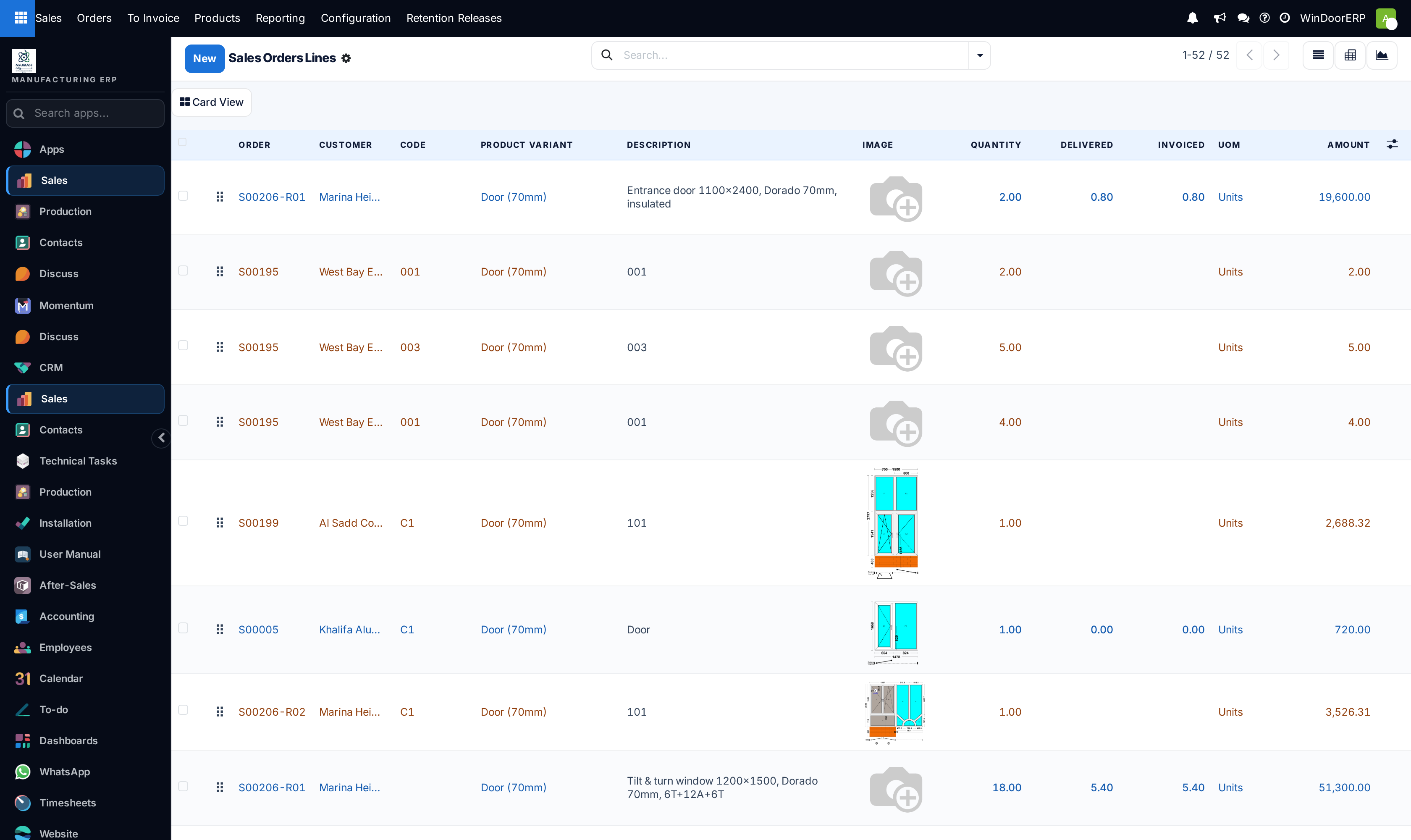 The Sales Orders Lines list: order, customer, code, product variant, description, the elevation drawing in the Image column, then quantity, delivered, invoiced, UoM and amount