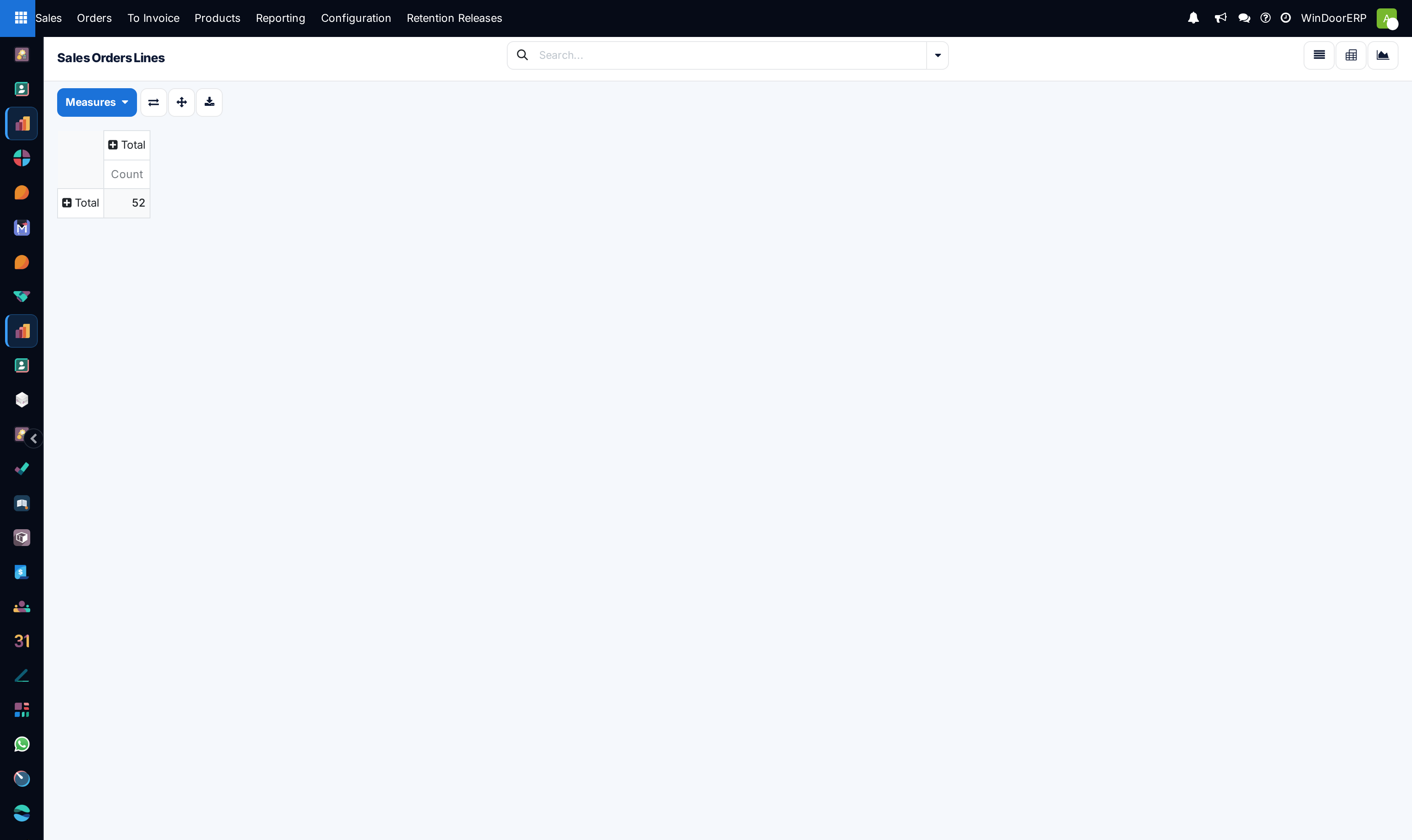 The order lines pivot exactly as it opens: no rows grouped, no columns grouped, and a single Count cell — with the Measures button and the flip, expand and download buttons beside it