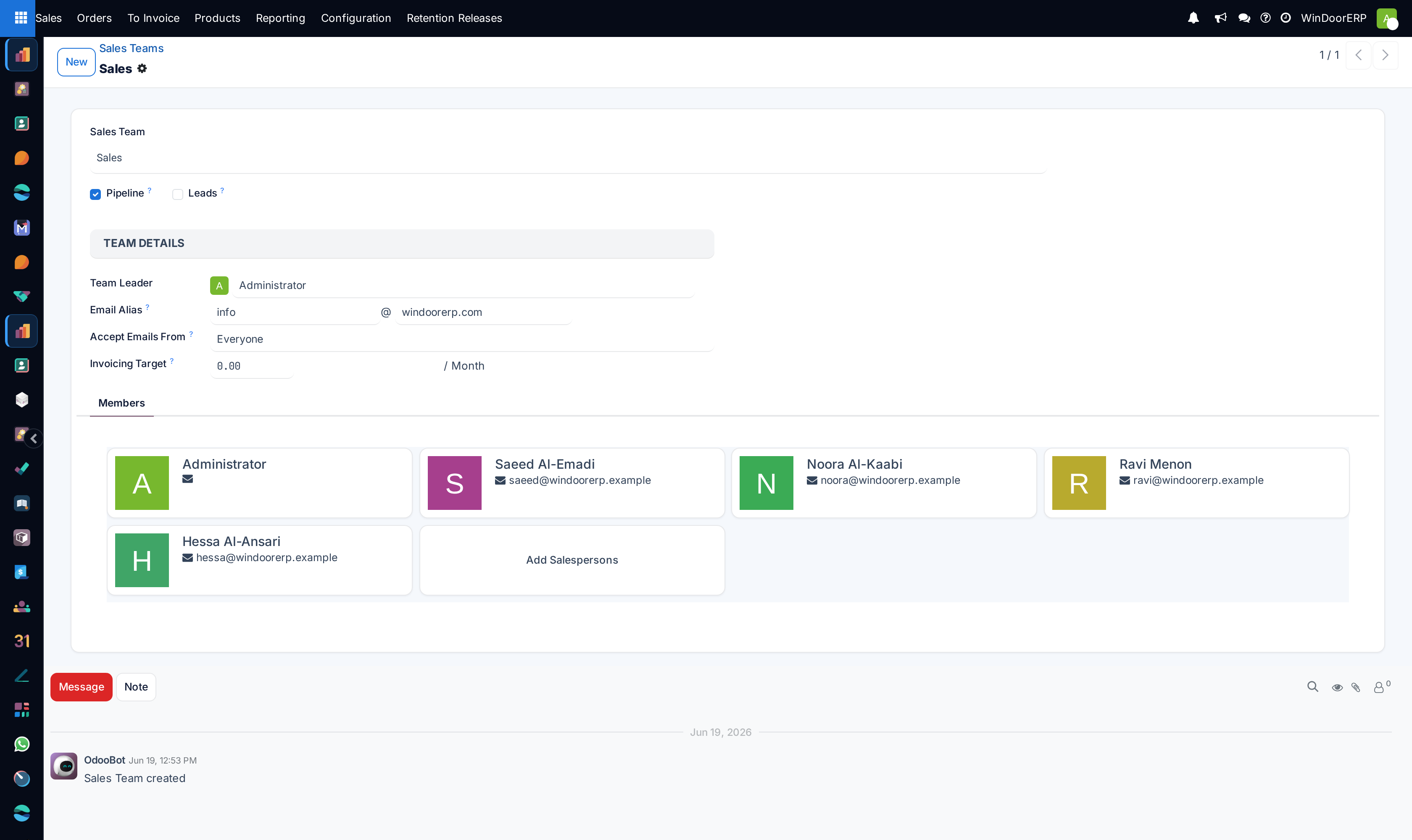 The sales team form showing Pipeline and Leads ticks, Team Details with leader, alias and invoicing target, and the Members tab