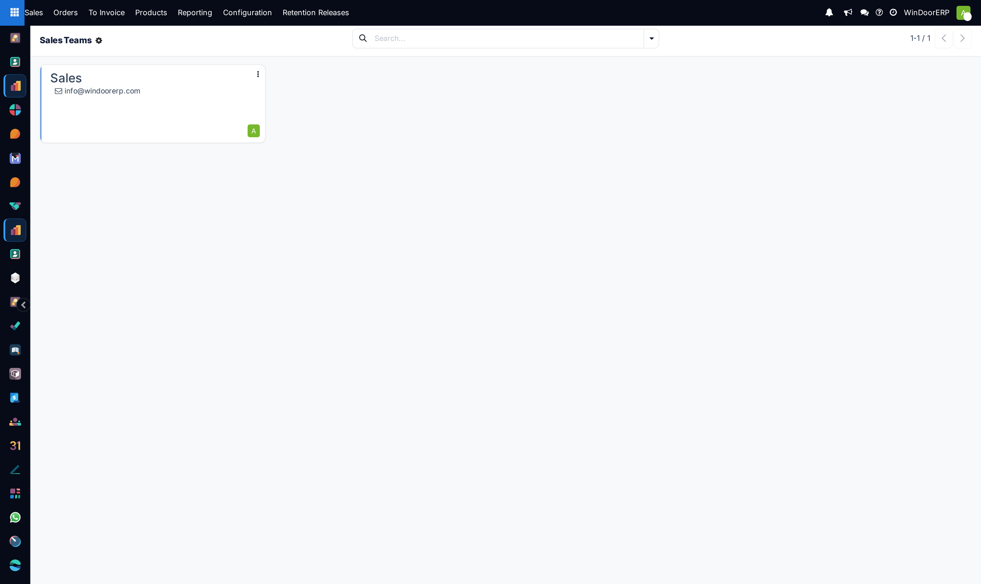 The Sales Teams kanban showing a single card named Sales with its email alias and the team leader avatar