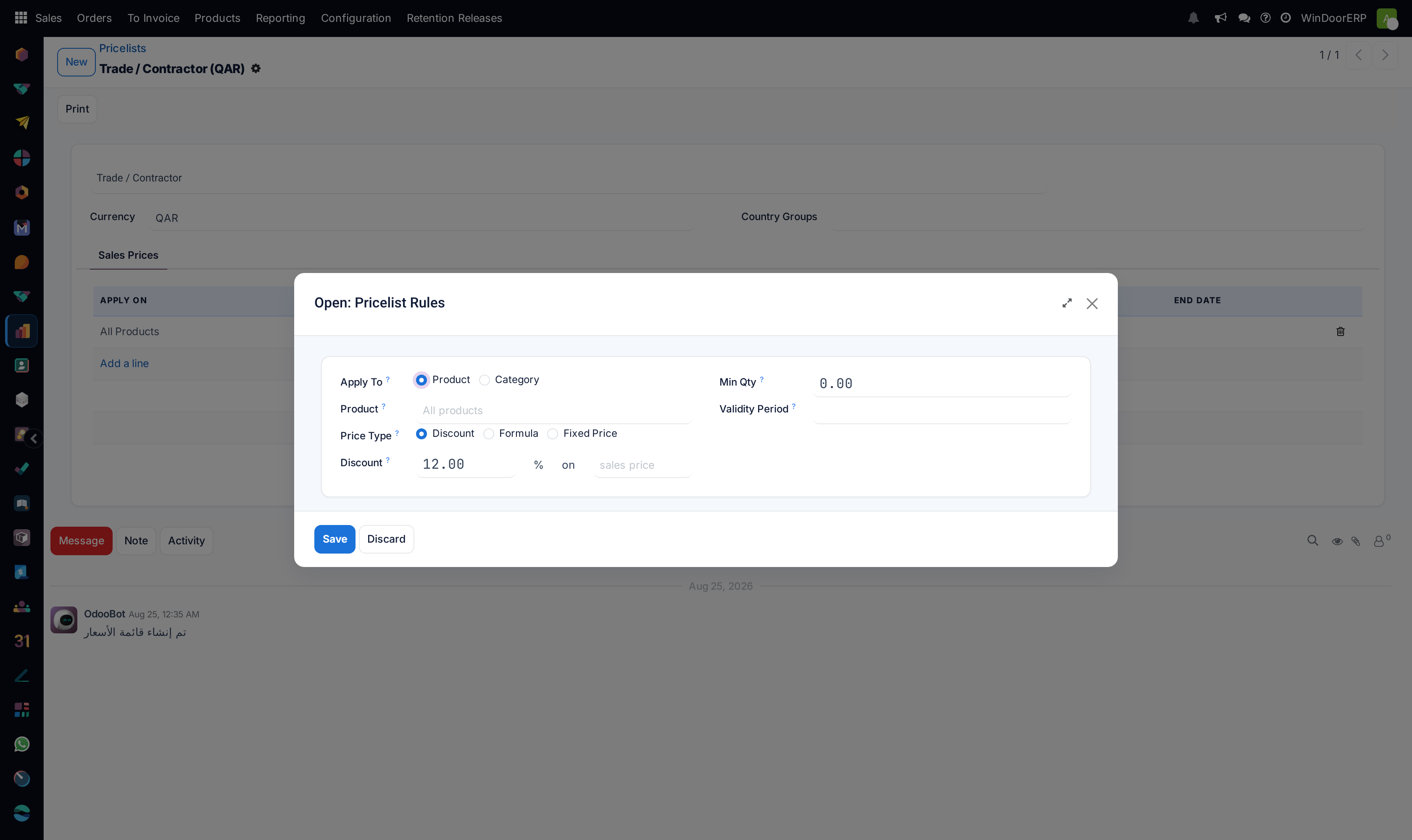 The pricelist rule dialog: apply to, price type, discount, minimum quantity and validity period