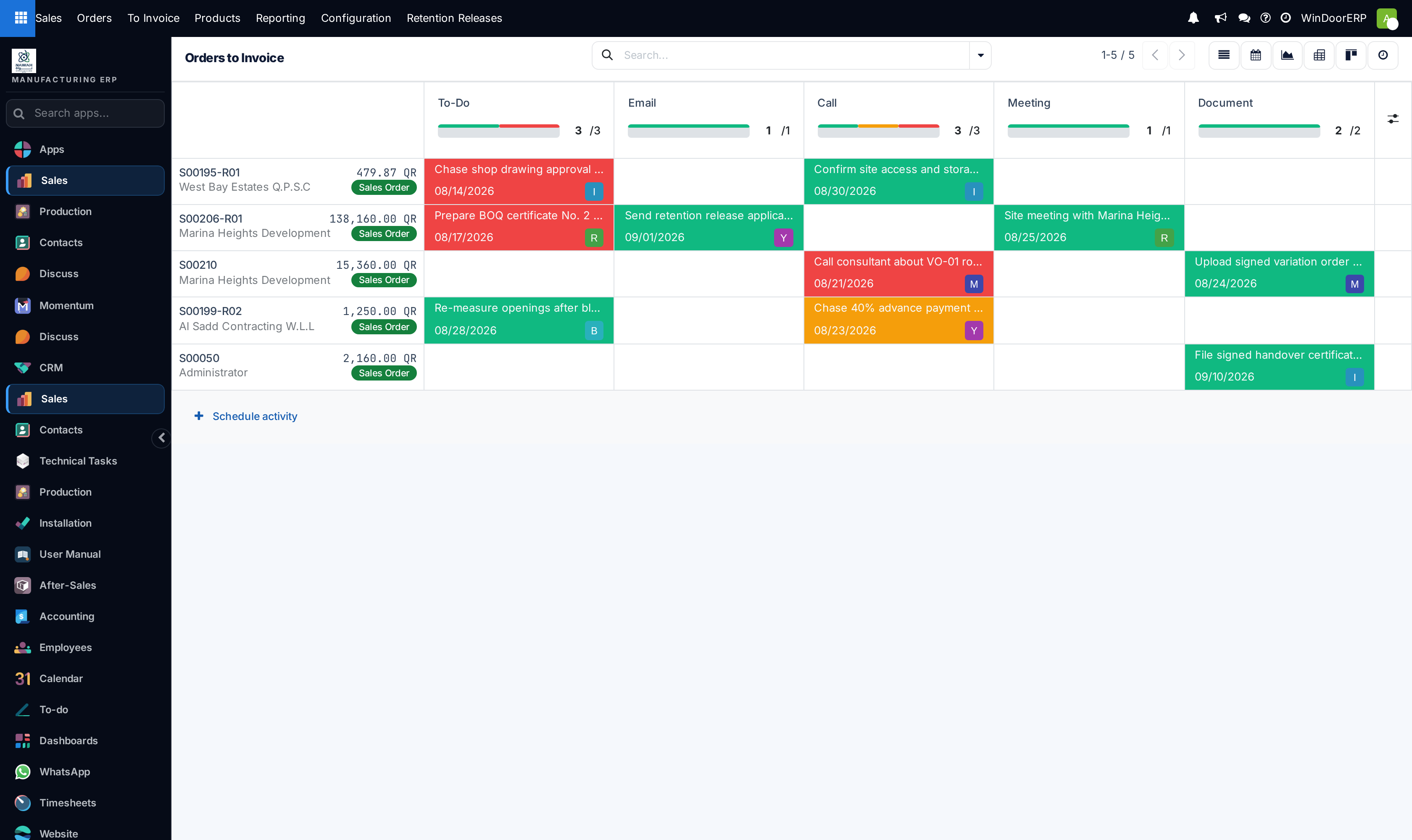 The Orders to Invoice activity view: five of the ten orders shown as rows against activity-type columns with colour-coded deadlines