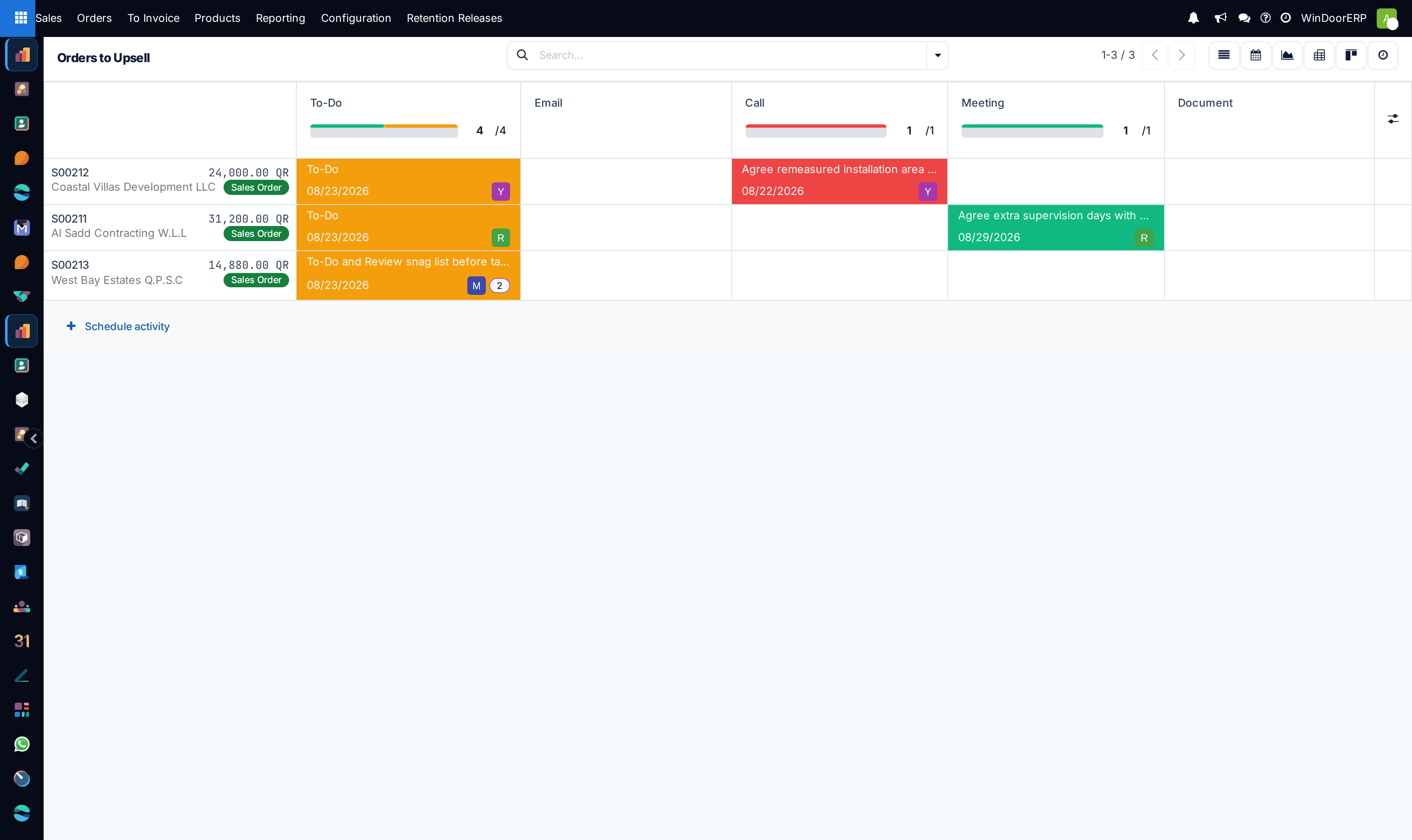 The Orders to Upsell activity view: three orders as rows against activity-type columns, with overdue and due-today cells