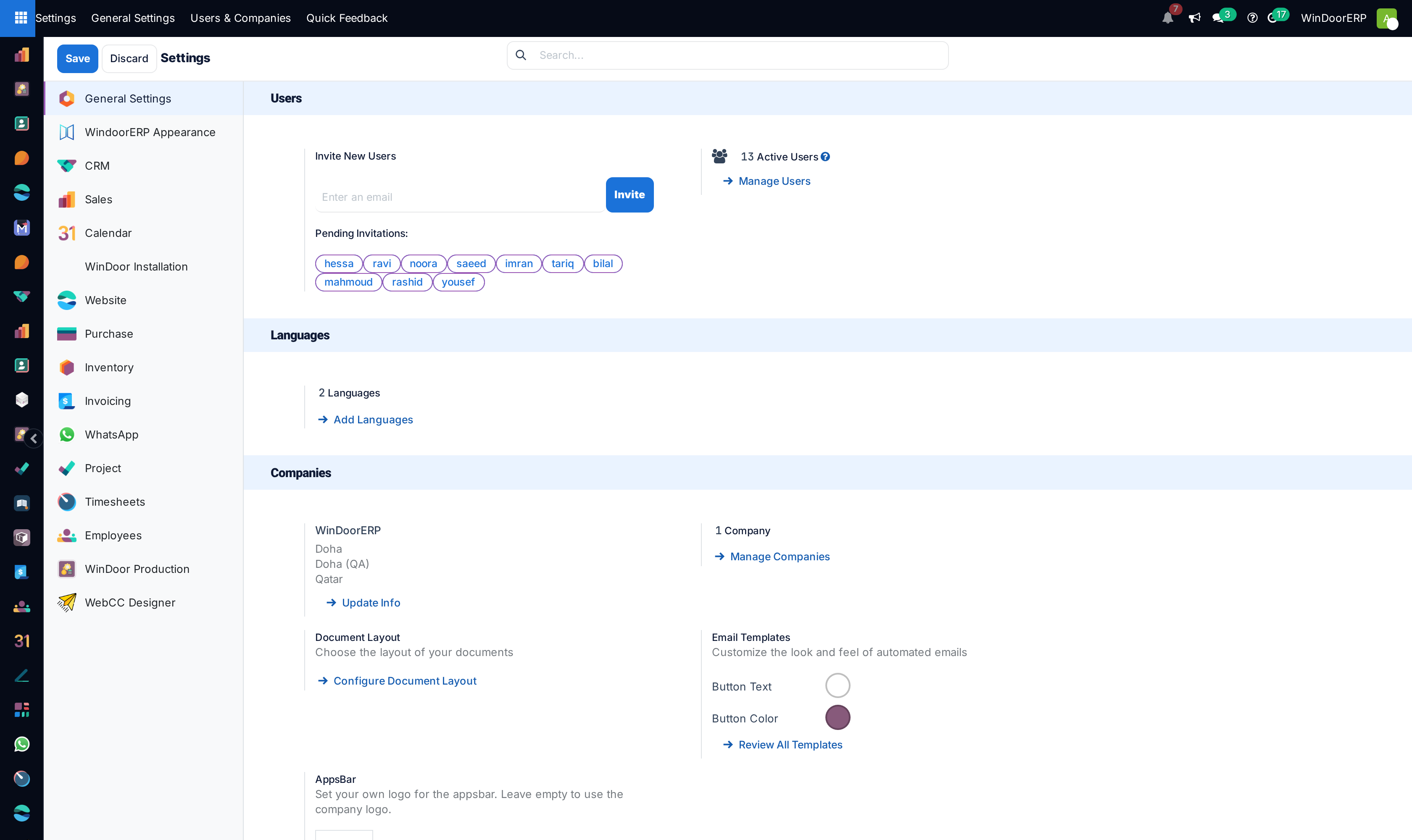 The General Settings page: app sections in the left rail, and the Users block with Invite New Users and pending invitation pills, the Languages block with Add Languages, and the Companies block with Update Info and Configure Document Layout