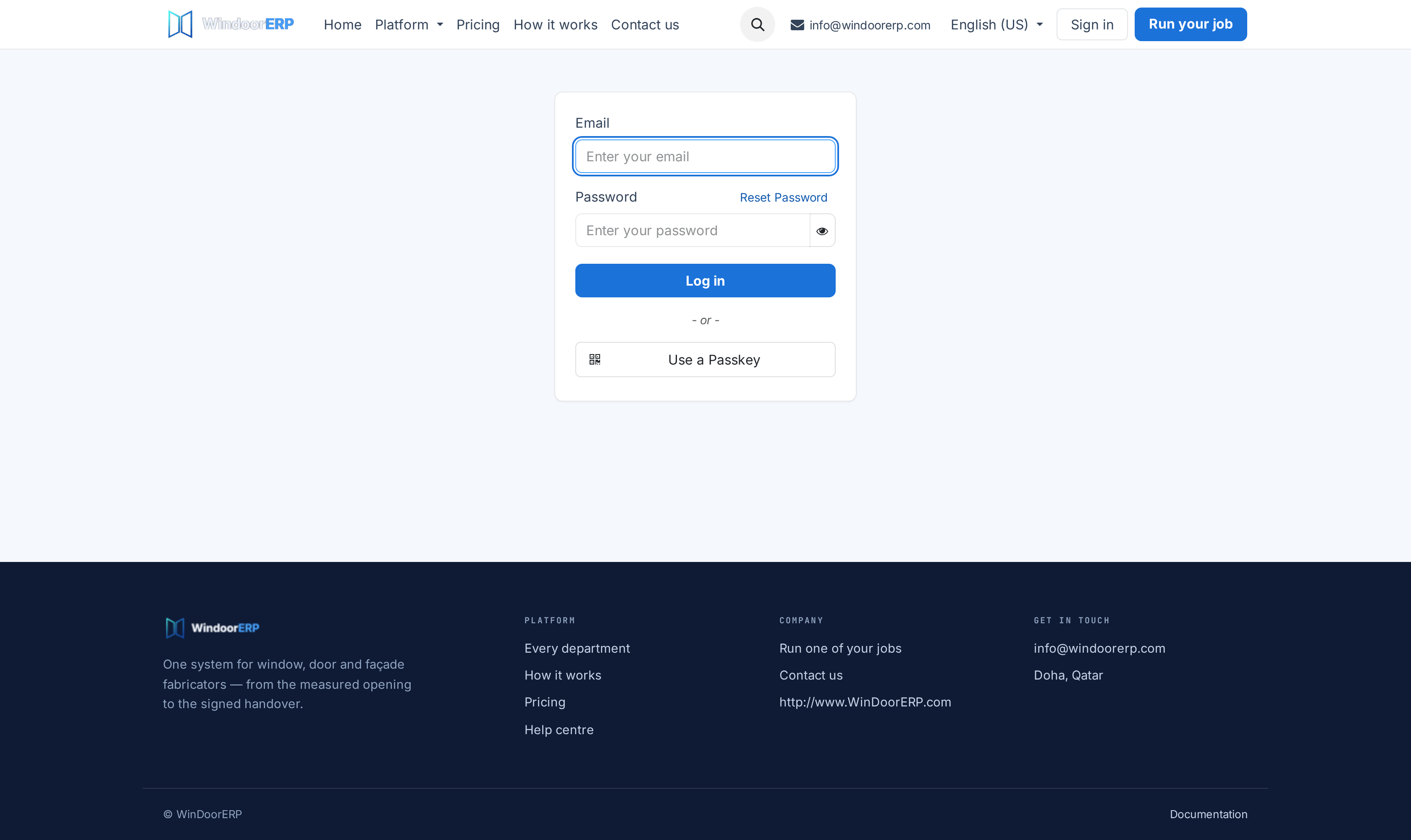 The login page with the Email and Password boxes, Reset Password, Log in and Use a Passkey