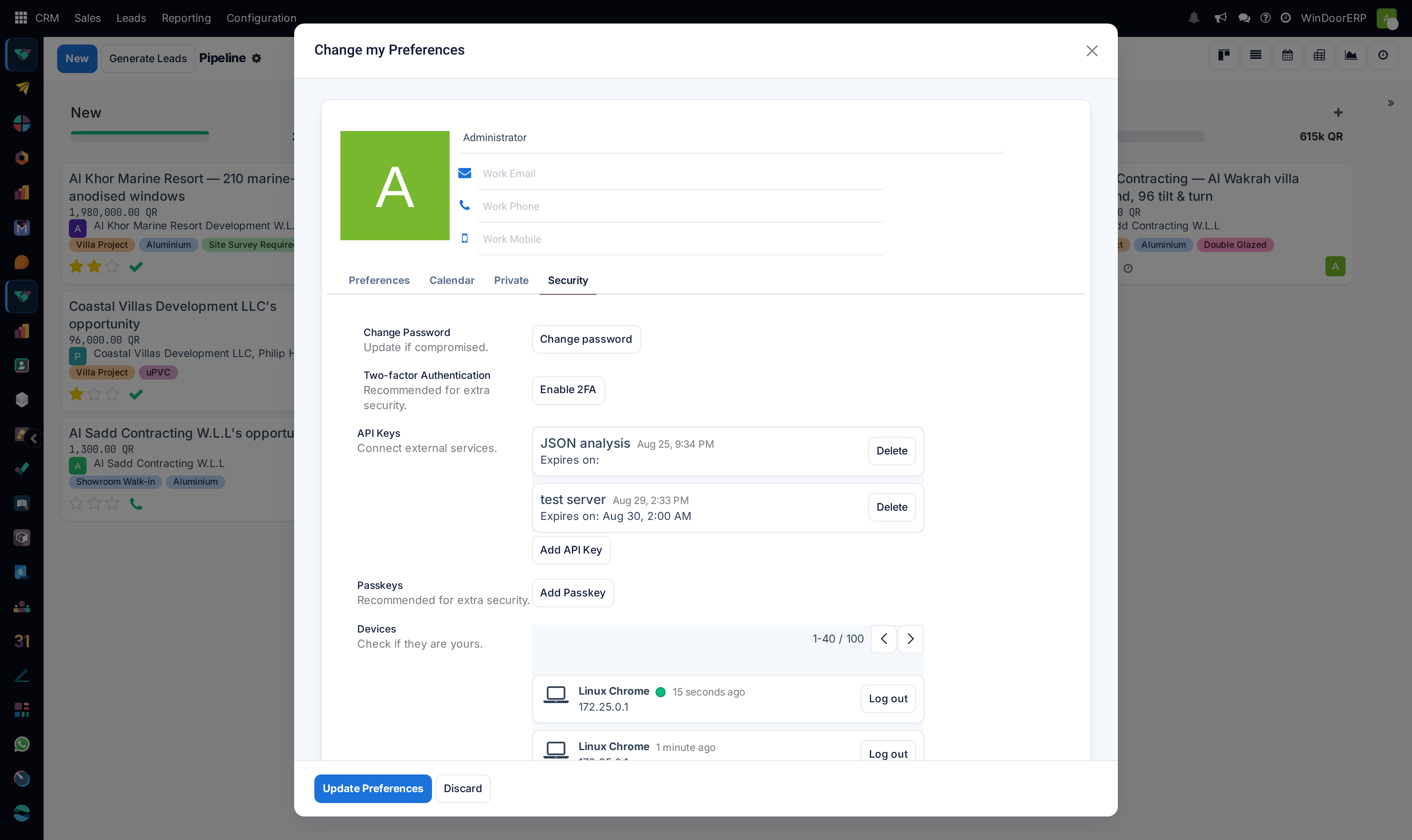 The Security tab with Change Password, Two-factor Authentication, API Keys, Passkeys and Devices