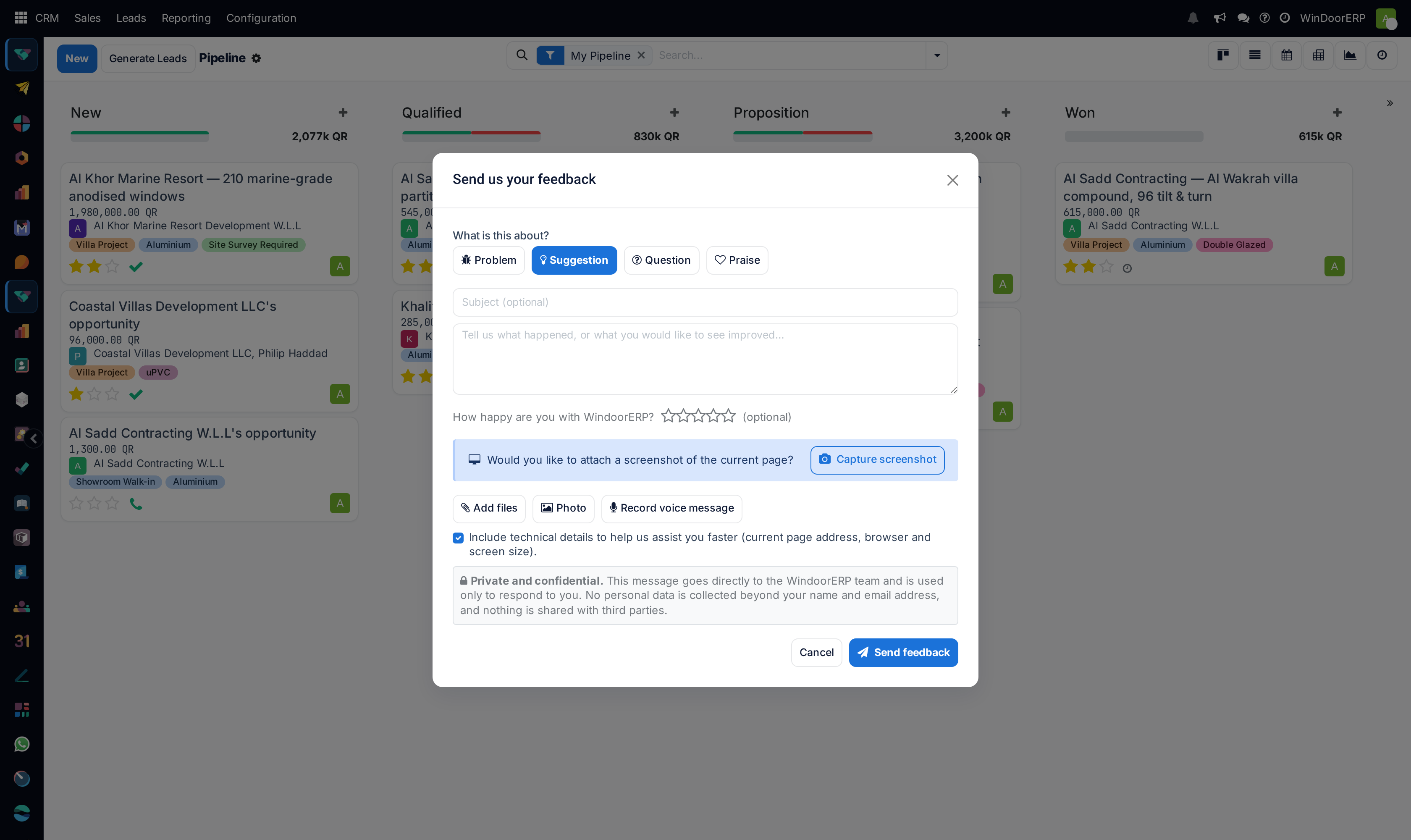 The Send us your feedback dialog with its category badges, message box, attachment buttons and privacy note