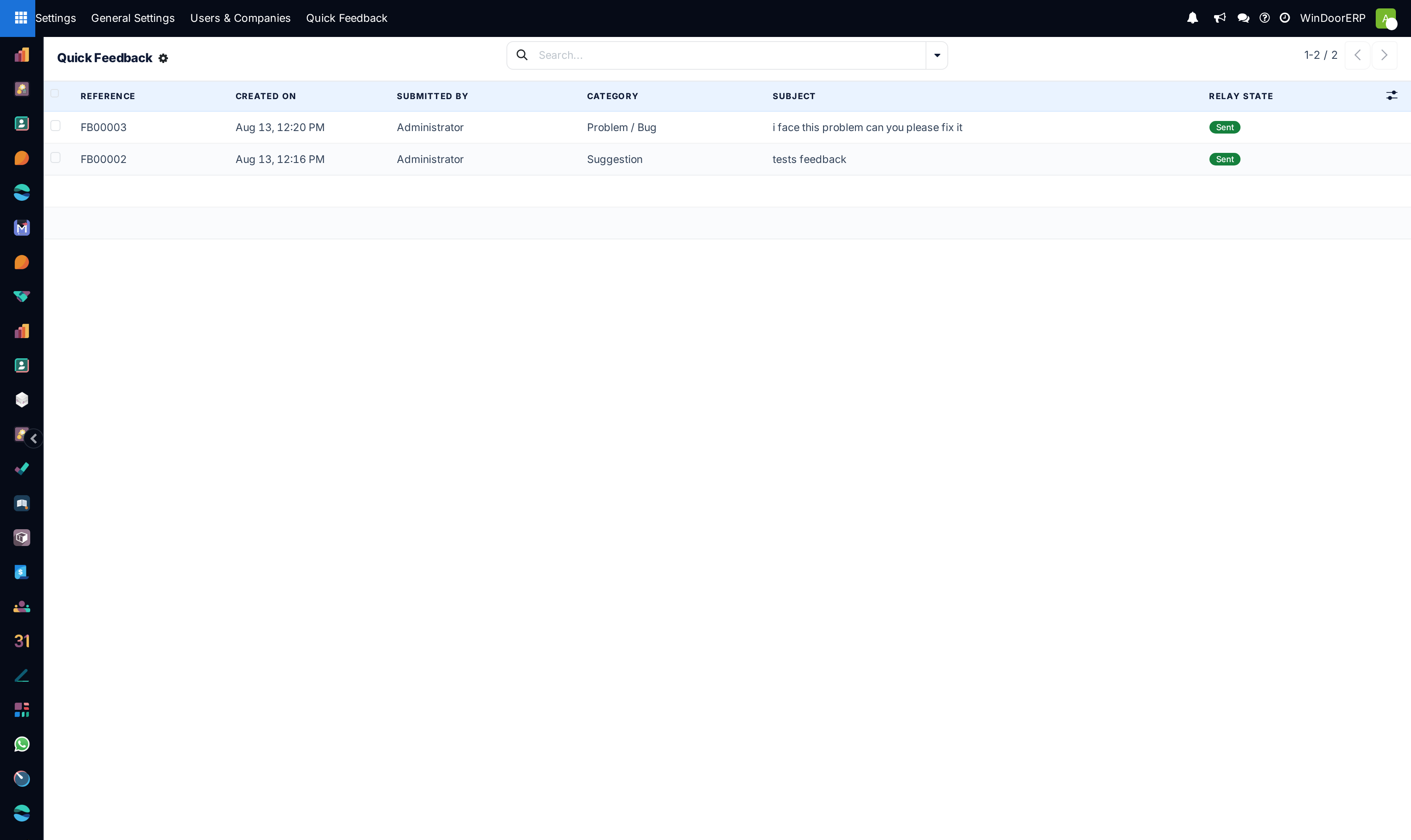 The Quick Feedback list an administrator sees: reference, submitter, category, subject and a green Sent relay state per submission