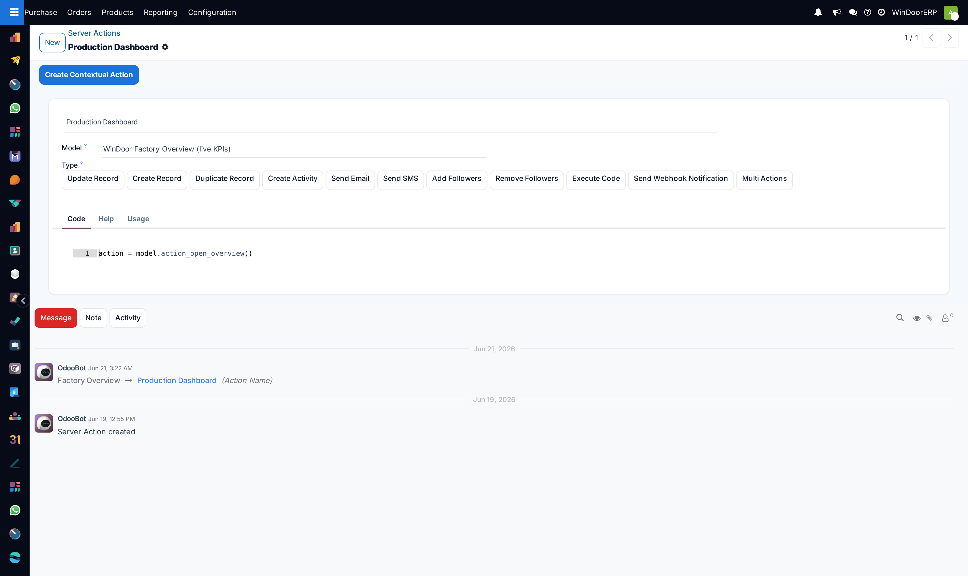 A server action form: the model, the action type, and the sections that appear for the chosen type