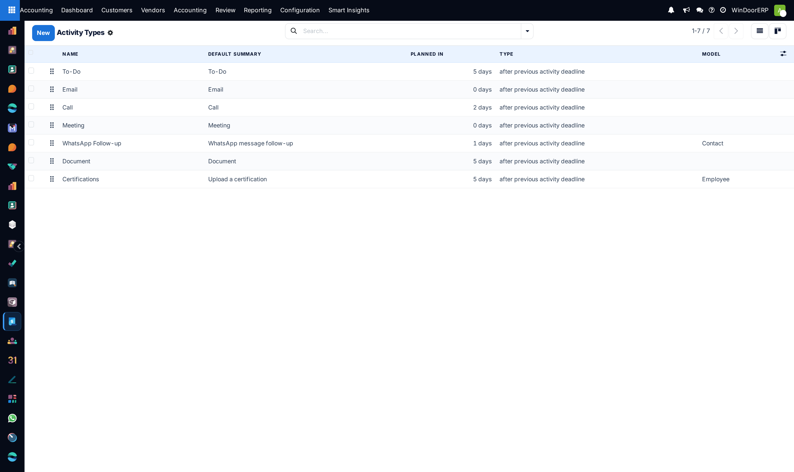 The Activity Types list with each type's default summary, scheduling offset and model — including WindoorERP-specific types like WhatsApp Follow-up and Certifications