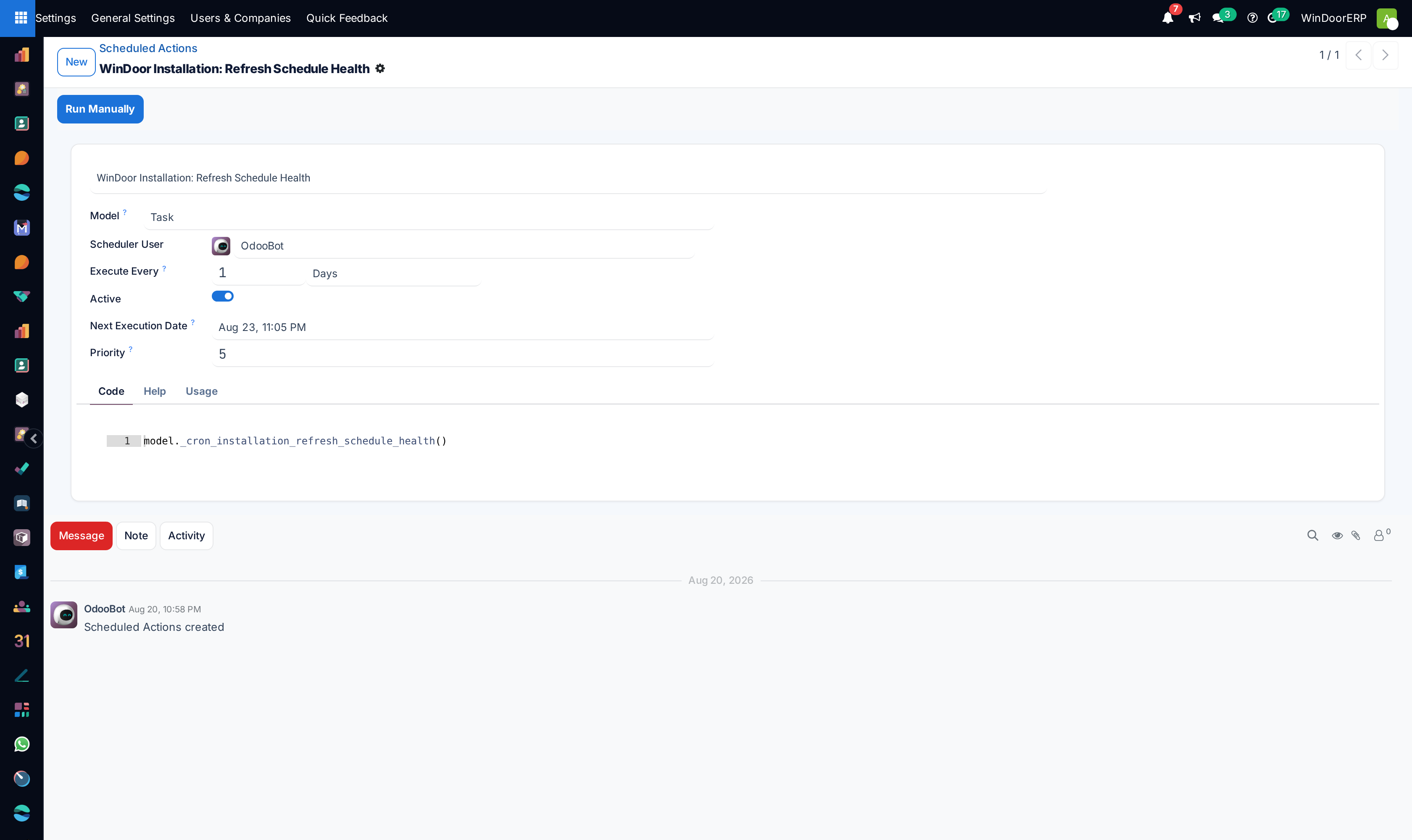 A scheduled action form: model, scheduler user, interval, next execution date and priority above the Code tab, with the Run Manually button in the header