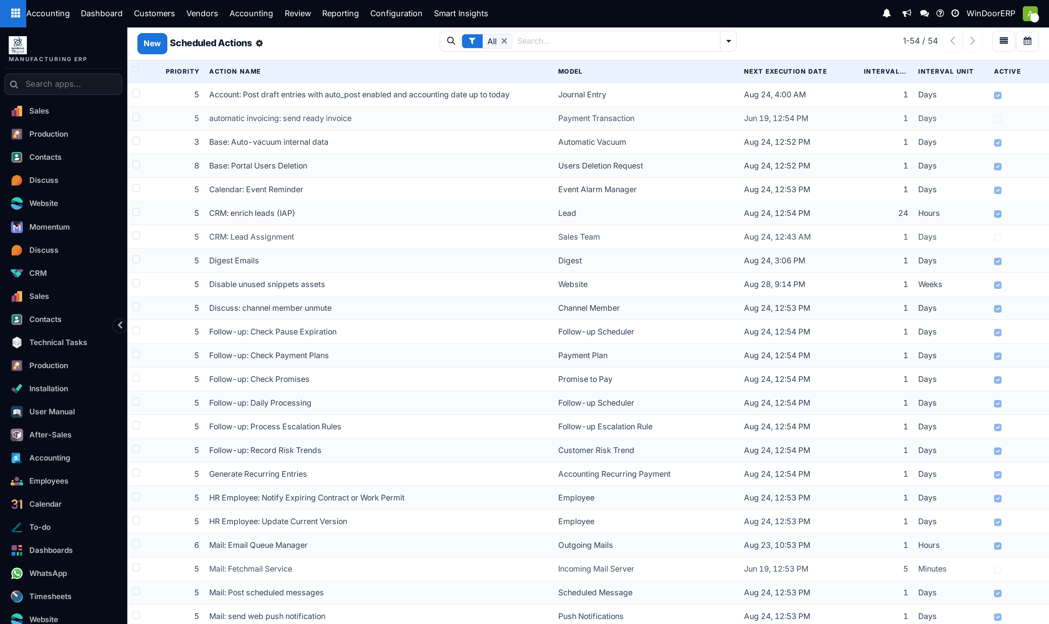The Scheduled Actions list: priority, action name, model, next execution date, interval and active flag for every background job in the database