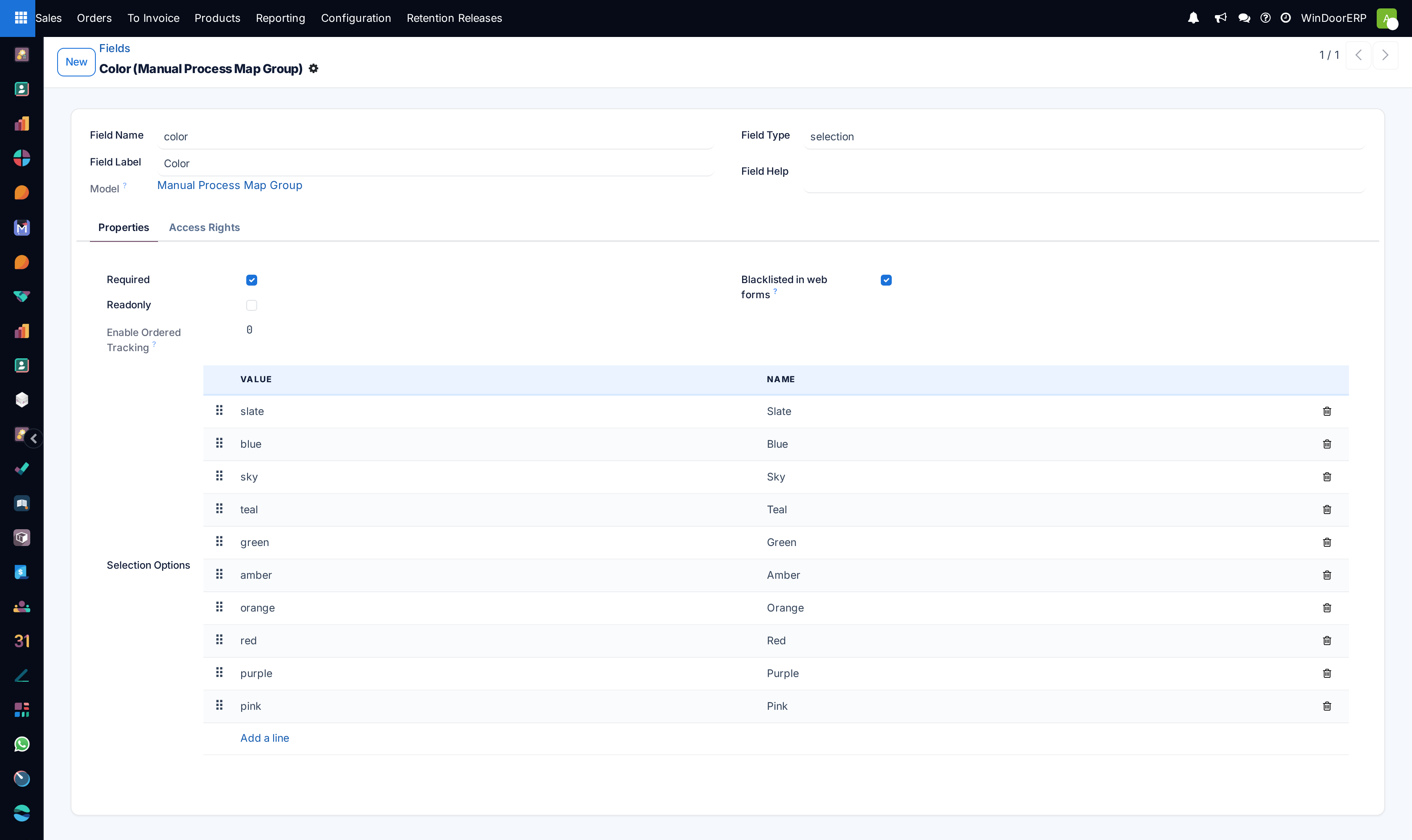 A field definition form: name, label, model and type, the Properties and Access Rights tabs, and the field's selection options listed value by value