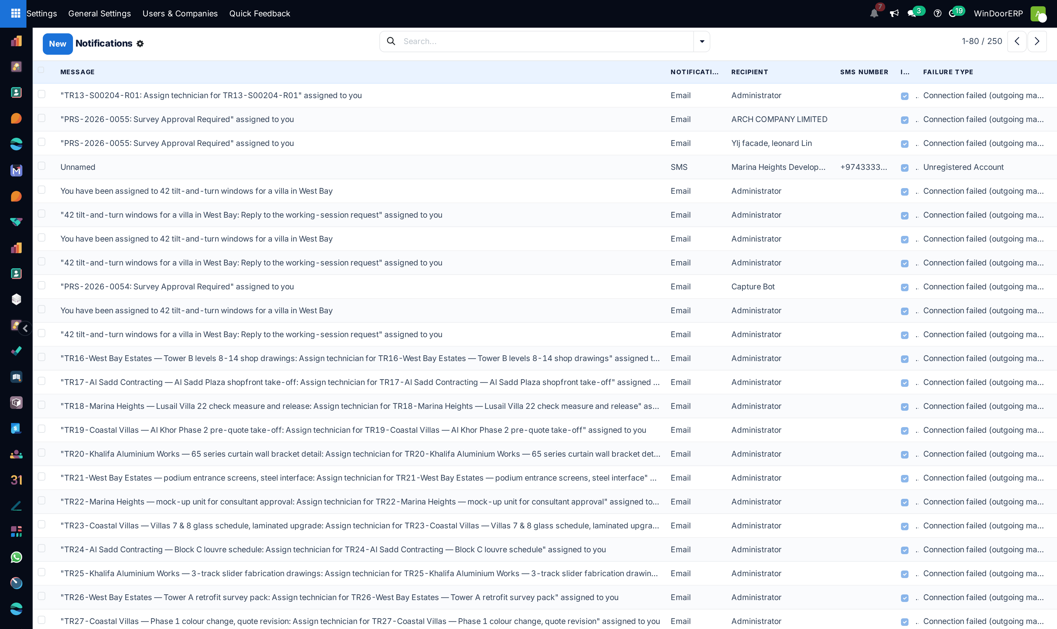 The Notifications list: one row per recipient with notification type, recipient and failure type — here email rows failing with a connection error and an SMS row failing with Unregistered Account