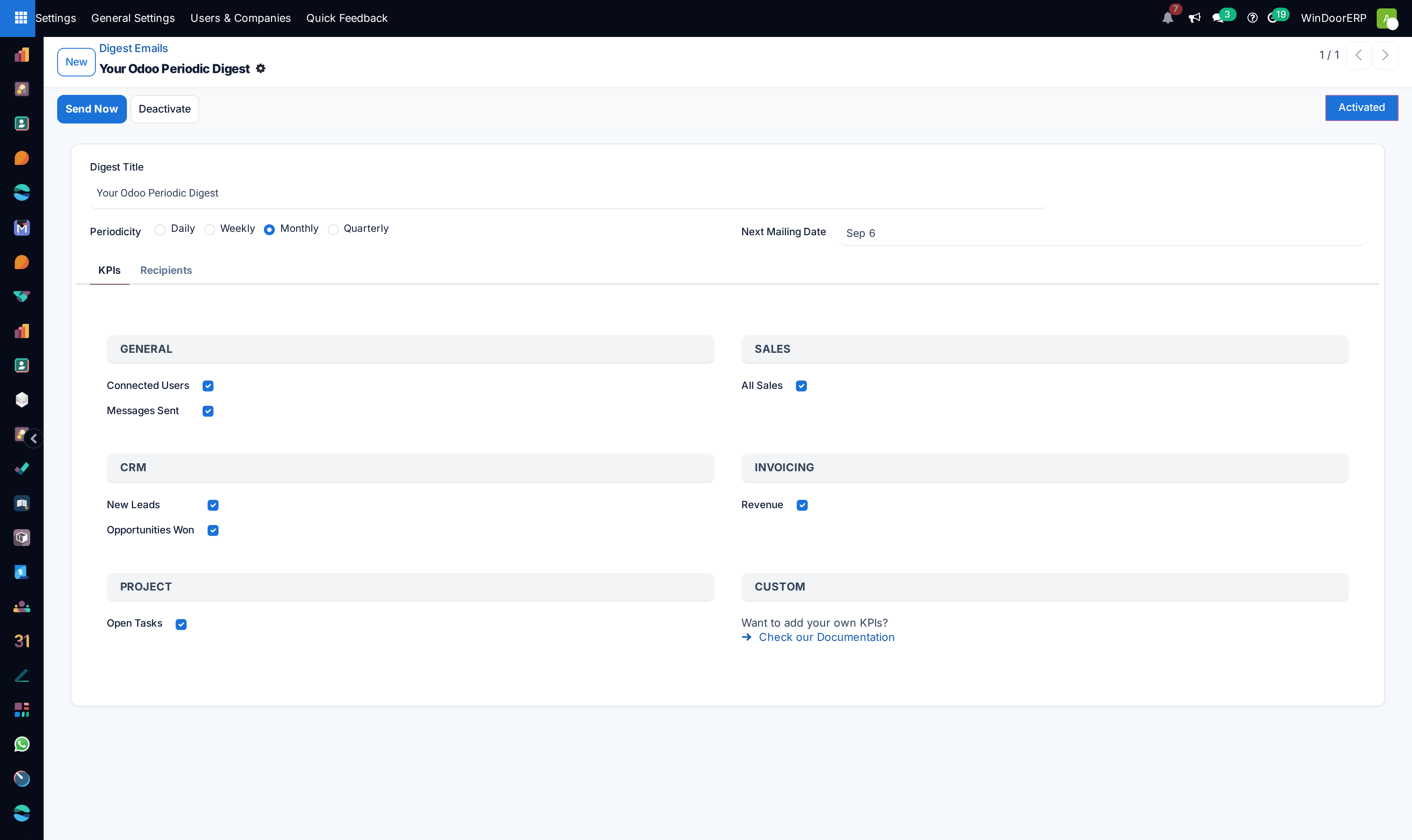 A digest form: Send Now and Deactivate in the header, the periodicity radios and next mailing date, and the KPI checkboxes grouped by app on the KPIs tab